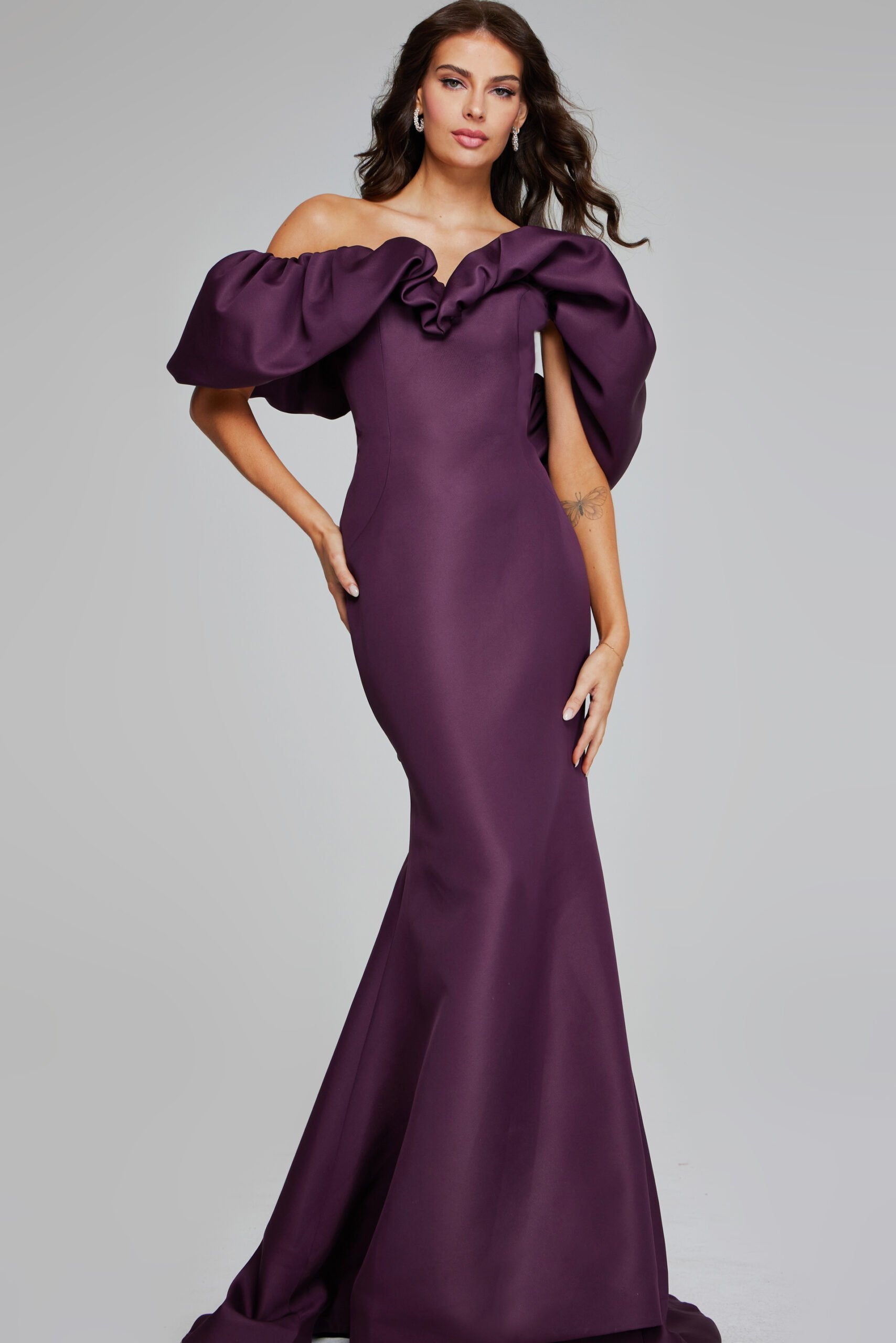 Jovani -40596 Wine Off-Shoulder Evening Gown with Dramatic Ruffled Sleeves