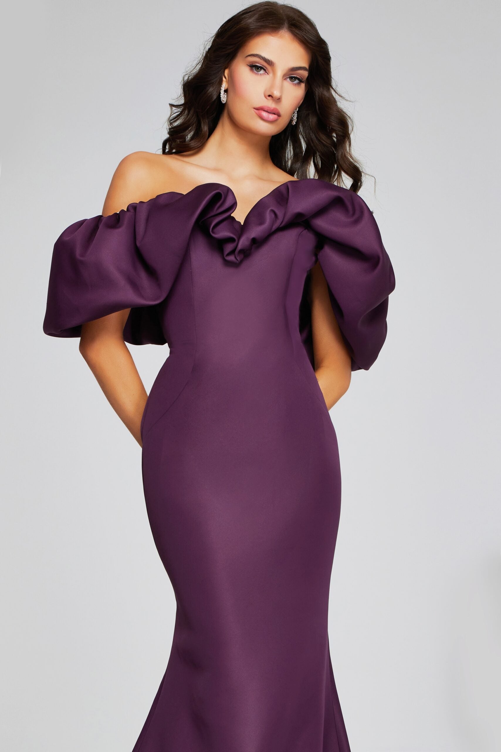 Jovani -40596 Wine Off-Shoulder Evening Gown with Dramatic Ruffled Sleeves