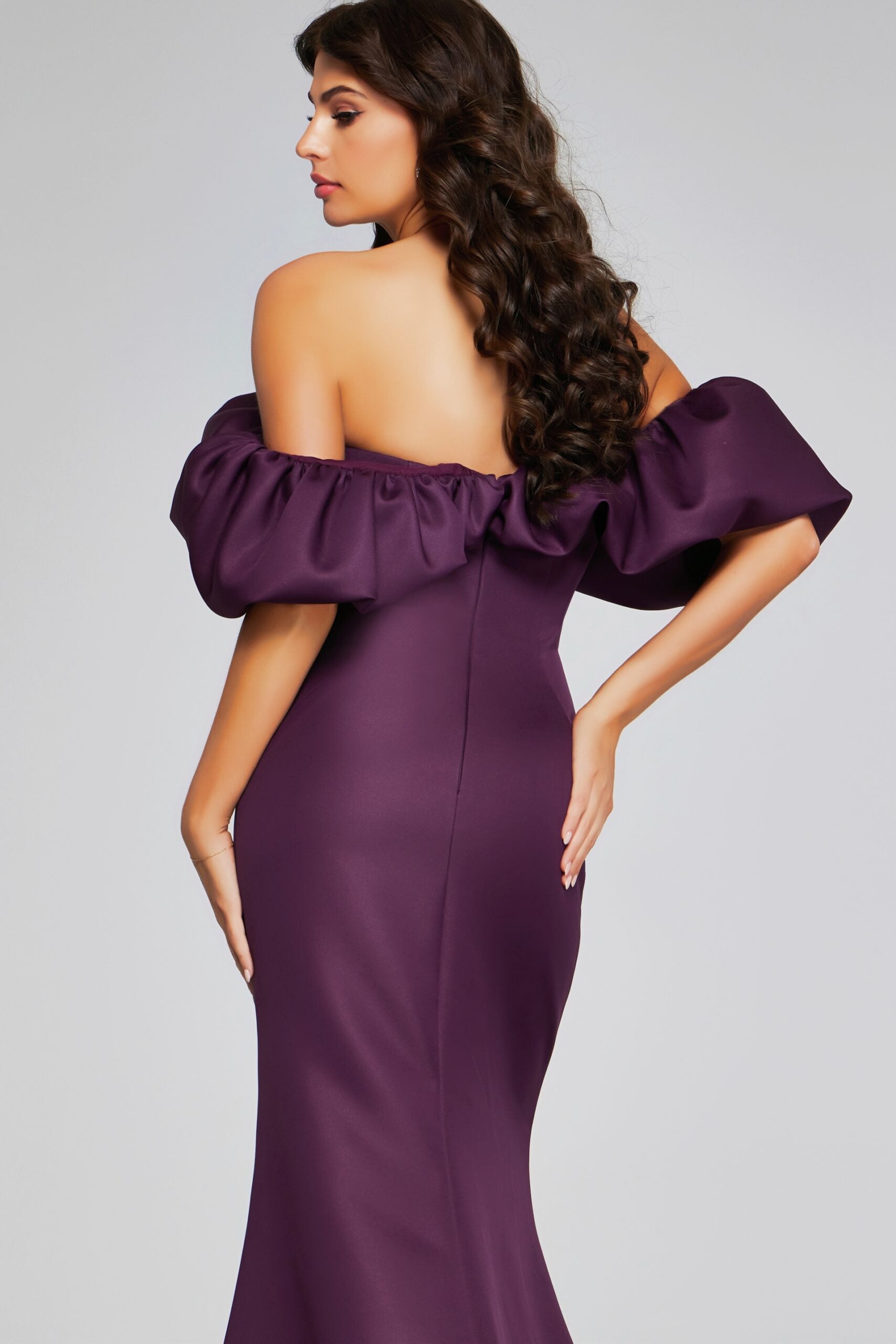 Jovani -40596 Wine Off-Shoulder Evening Gown with Dramatic Ruffled Sleeves