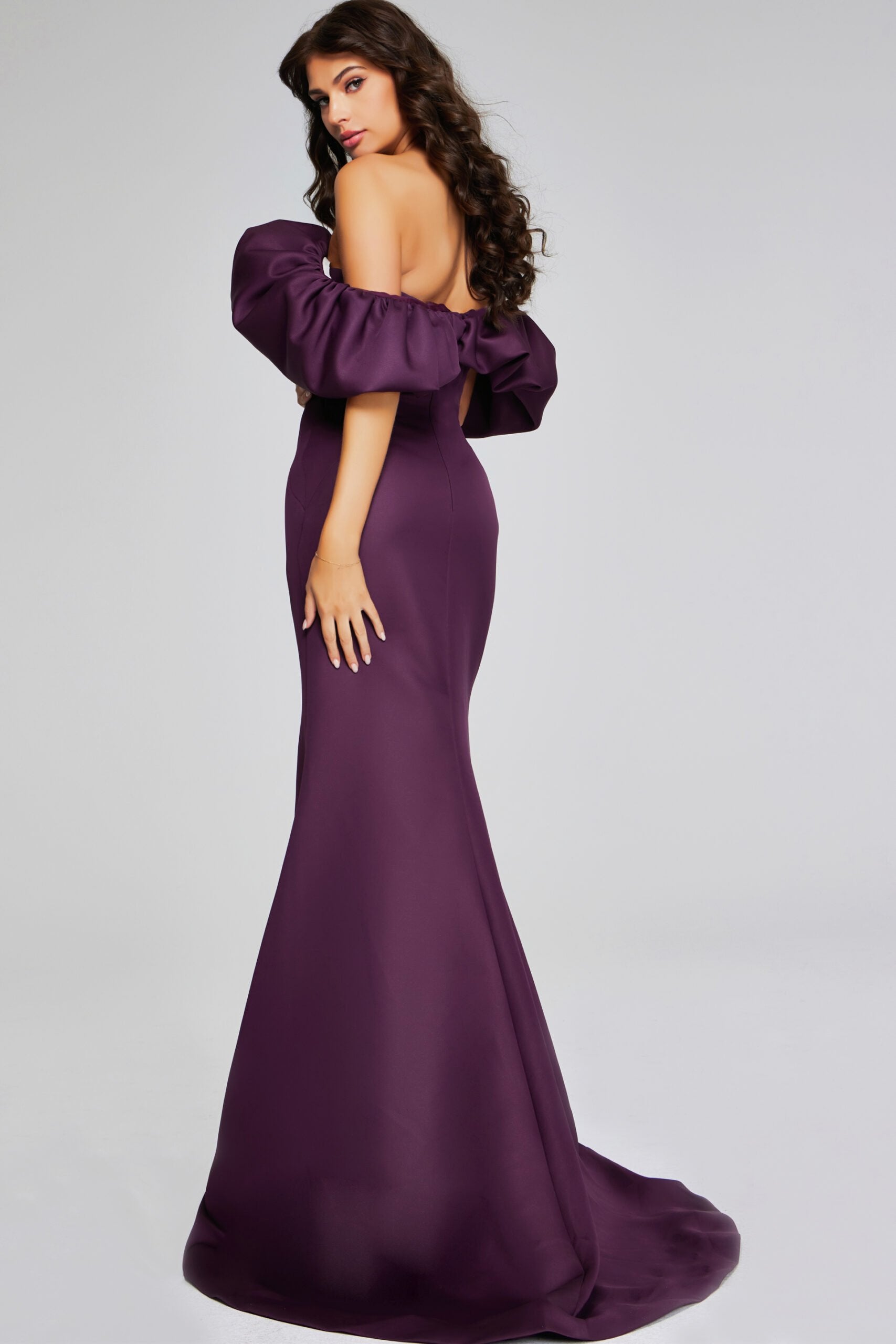 Jovani -40596 Wine Off-Shoulder Evening Gown with Dramatic Ruffled Sleeves