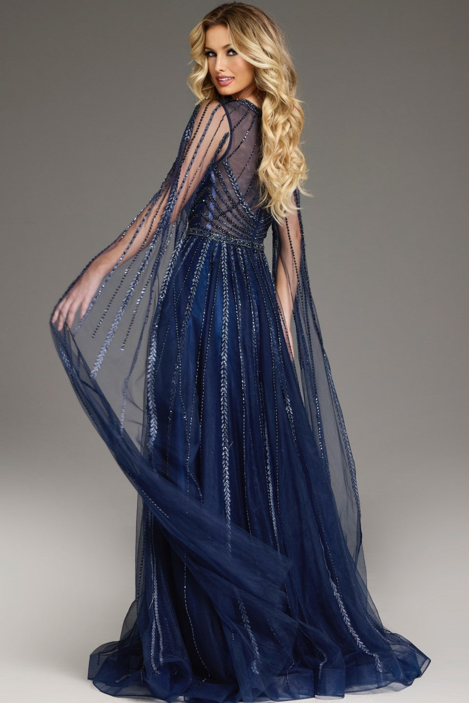 Jovani -40629 Flowing A-Line Evening Gown with Beaded Sheer Cape Sleeves