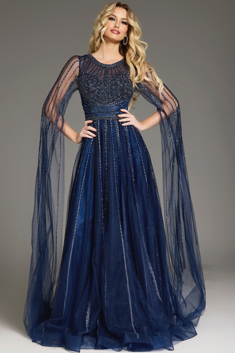 Jovani -40629 Flowing A-Line Evening Gown with Beaded Sheer Cape Sleeves