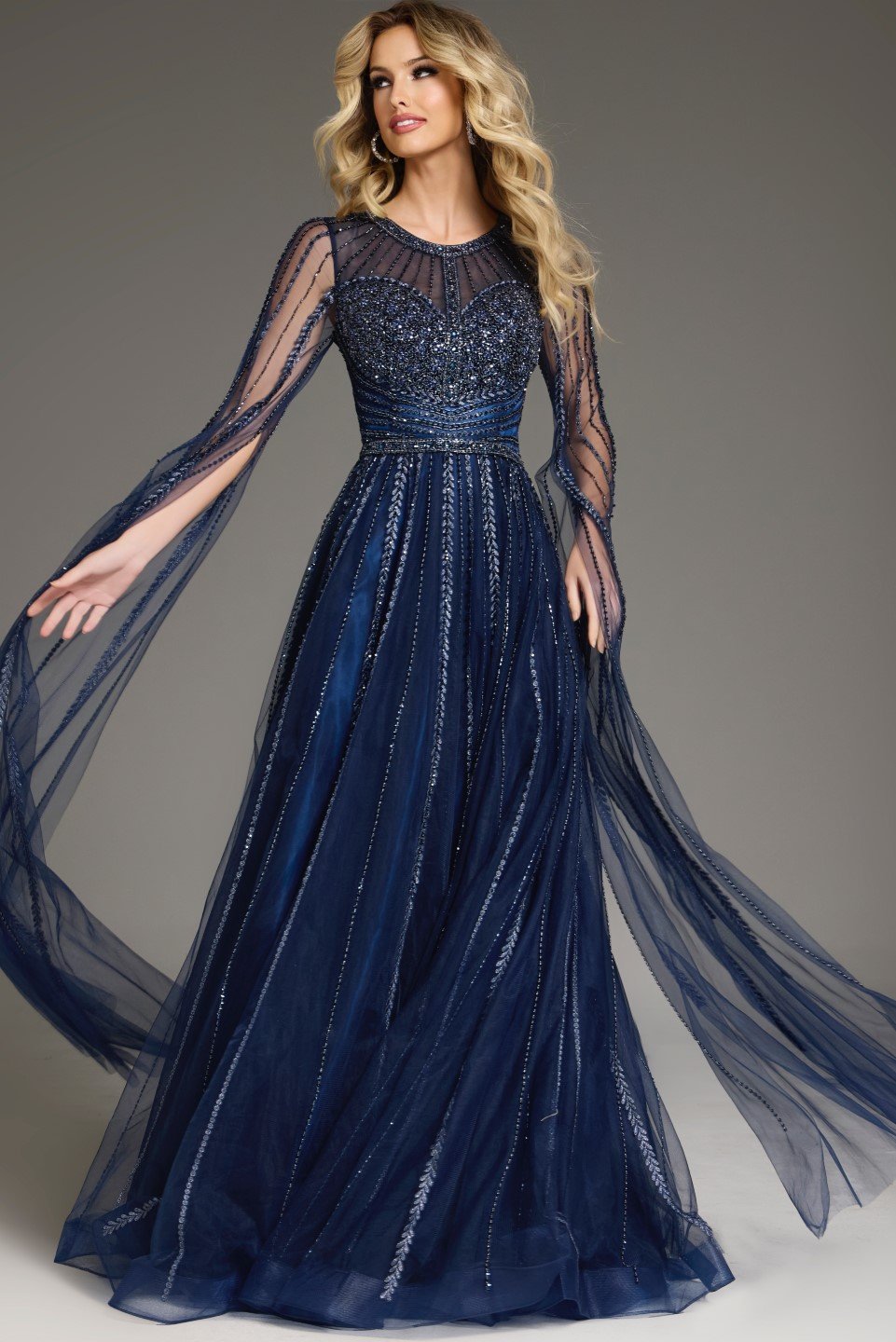 Jovani -40629 Flowing A-Line Evening Gown with Beaded Sheer Cape Sleeves