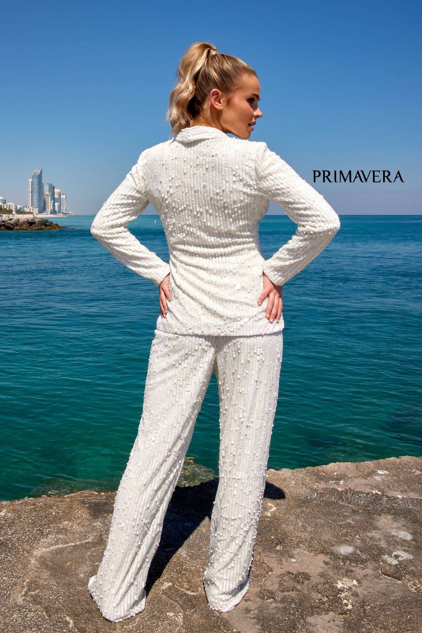 Primavera Couture -4063 V-Neck Sequin Pantsuit Dress