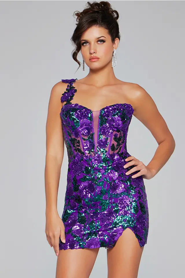 Jovani -40647 Beaded One Shoulder Sequin Short Dress