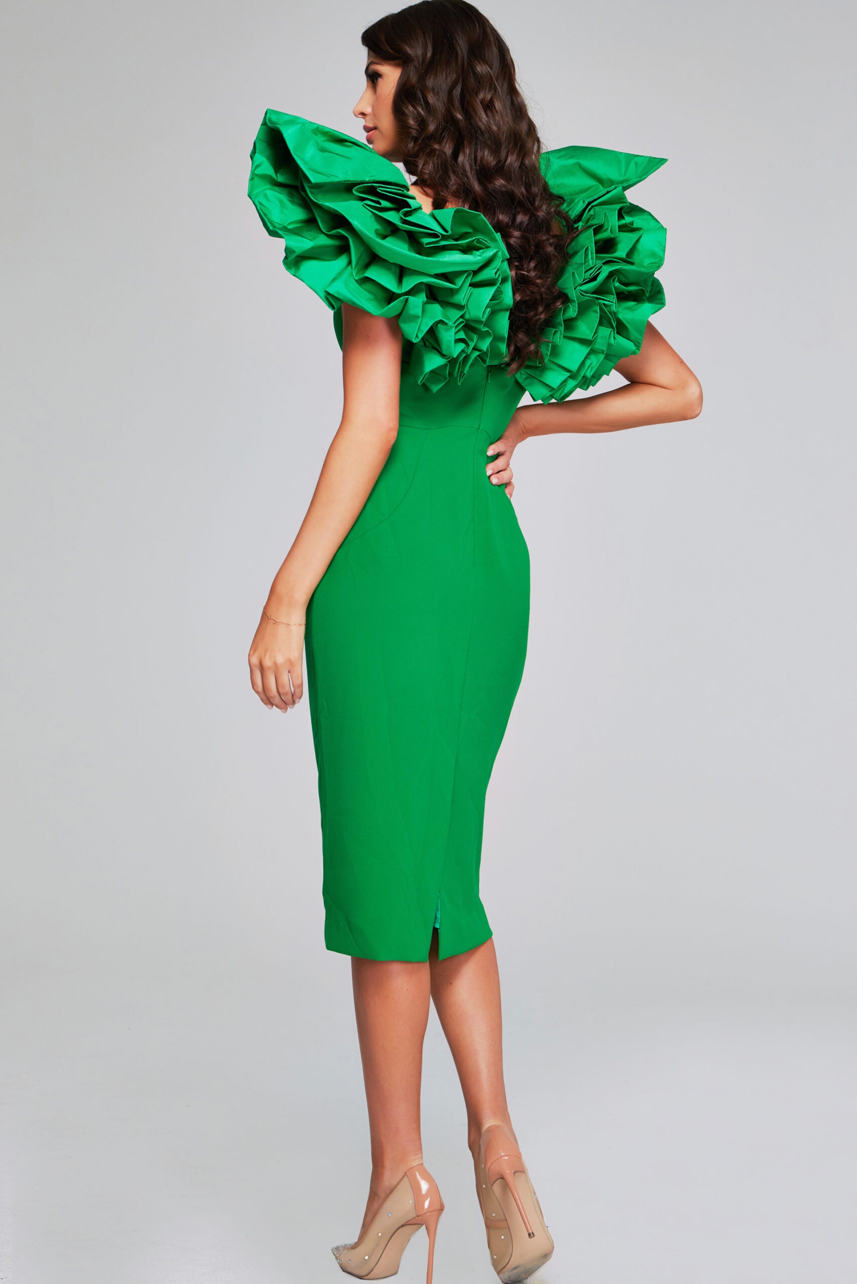 Jovani -40662 Elegant Emerald Green Ruffle Shoulder Midi Contemporary Dress