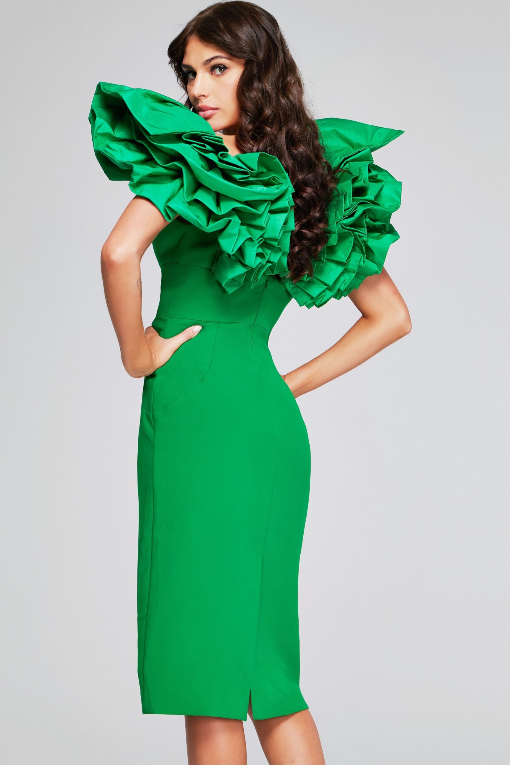 Jovani -40662 Elegant Emerald Green Ruffle Shoulder Midi Contemporary Dress