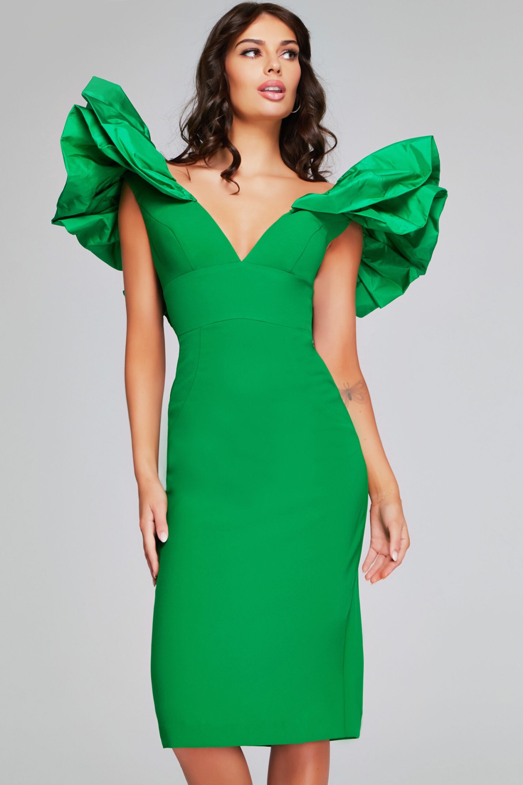 Jovani -40662 Elegant Emerald Green Ruffle Shoulder Midi Contemporary Dress