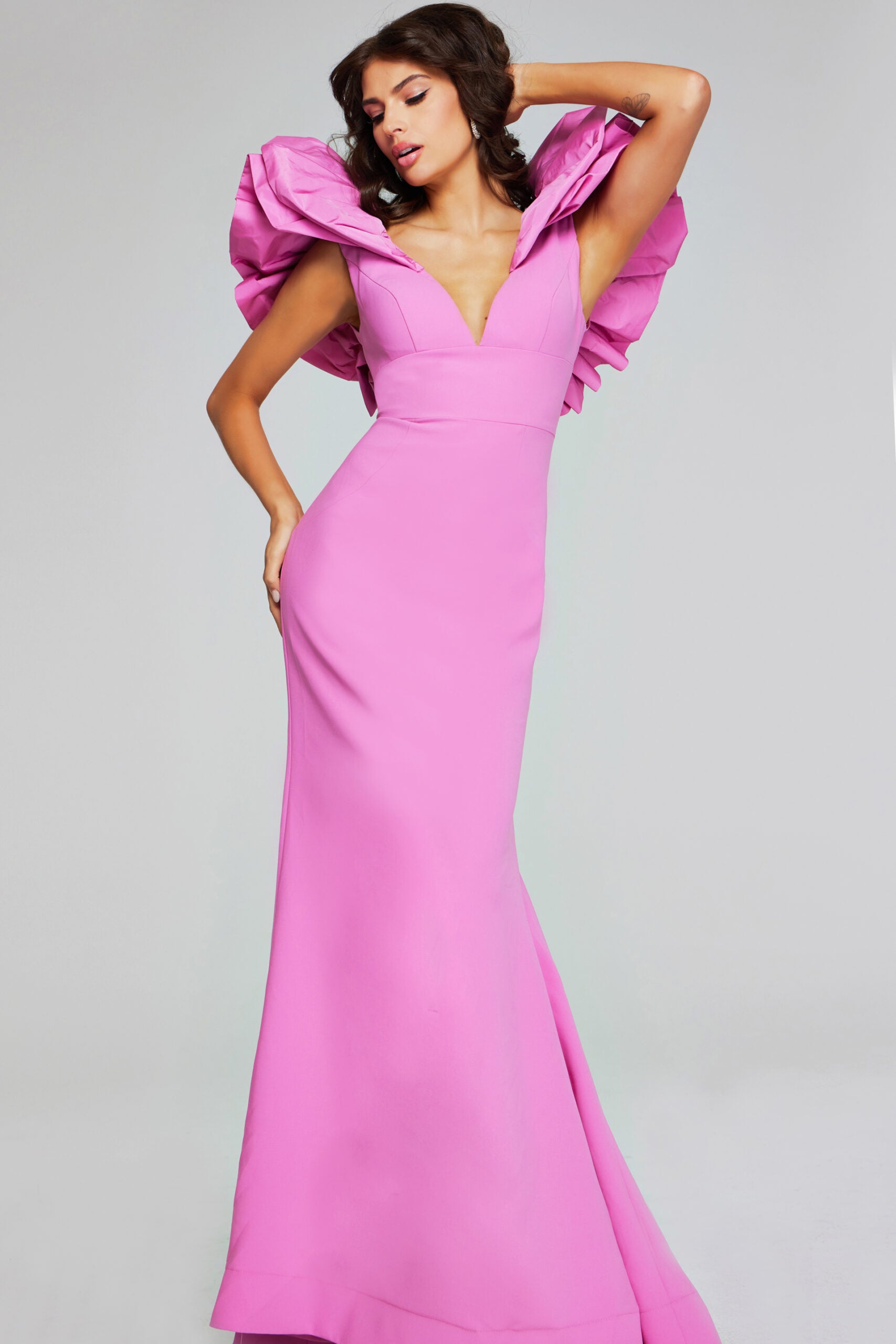 Jovani -40663 Bold Rose Pink Evening Gown with Dramatic Ruffled Shoulders