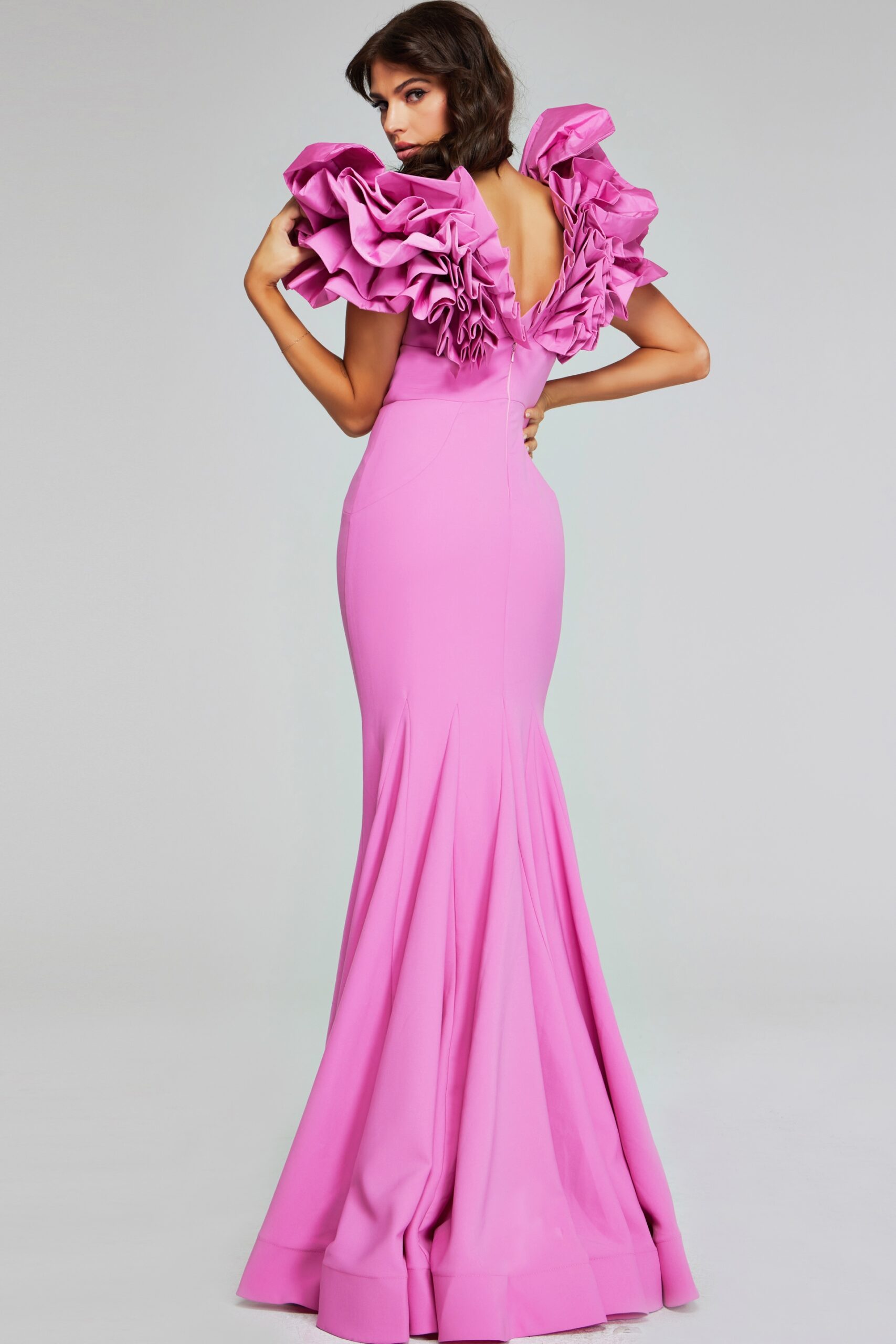 Jovani -40663 Bold Rose Pink Evening Gown with Dramatic Ruffled Shoulders