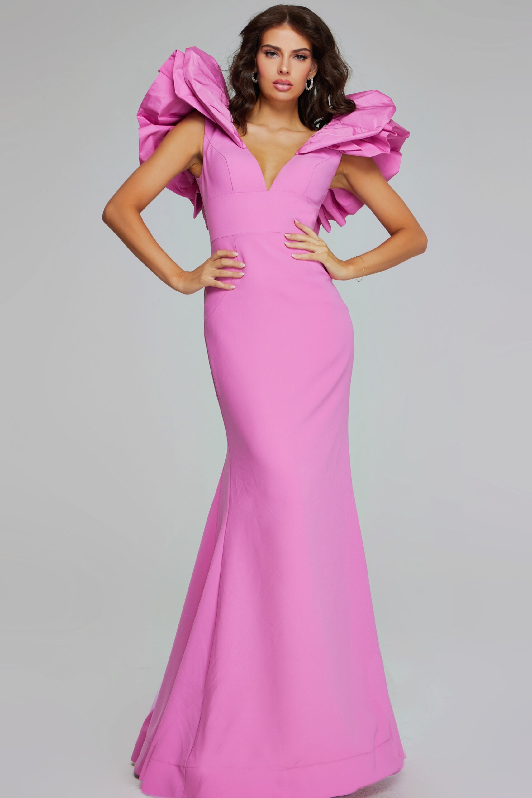 Jovani -40663 Bold Rose Pink Evening Gown with Dramatic Ruffled Shoulders