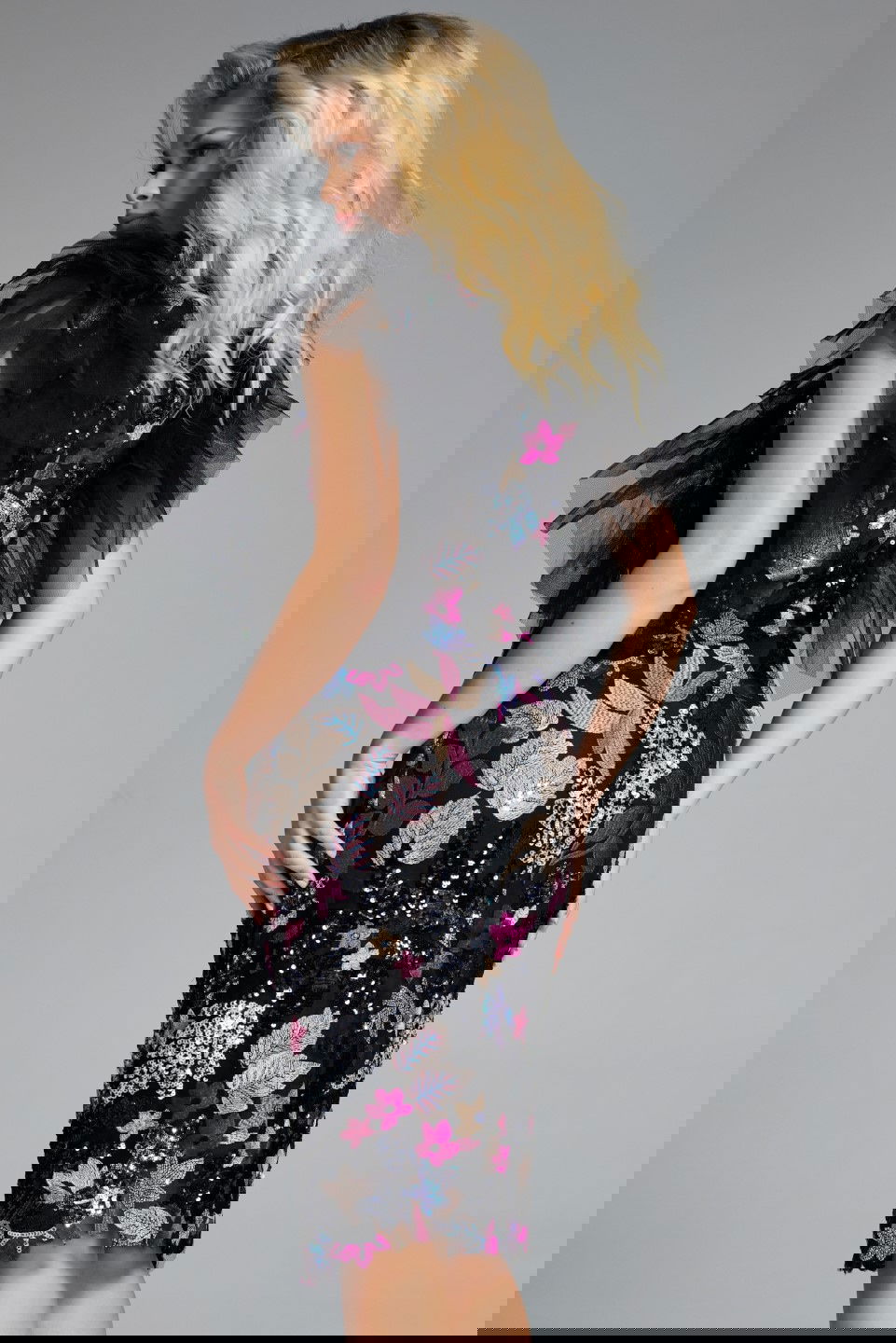 Jovani -40683 Ruffled Shoulder Floral Embellished Dress