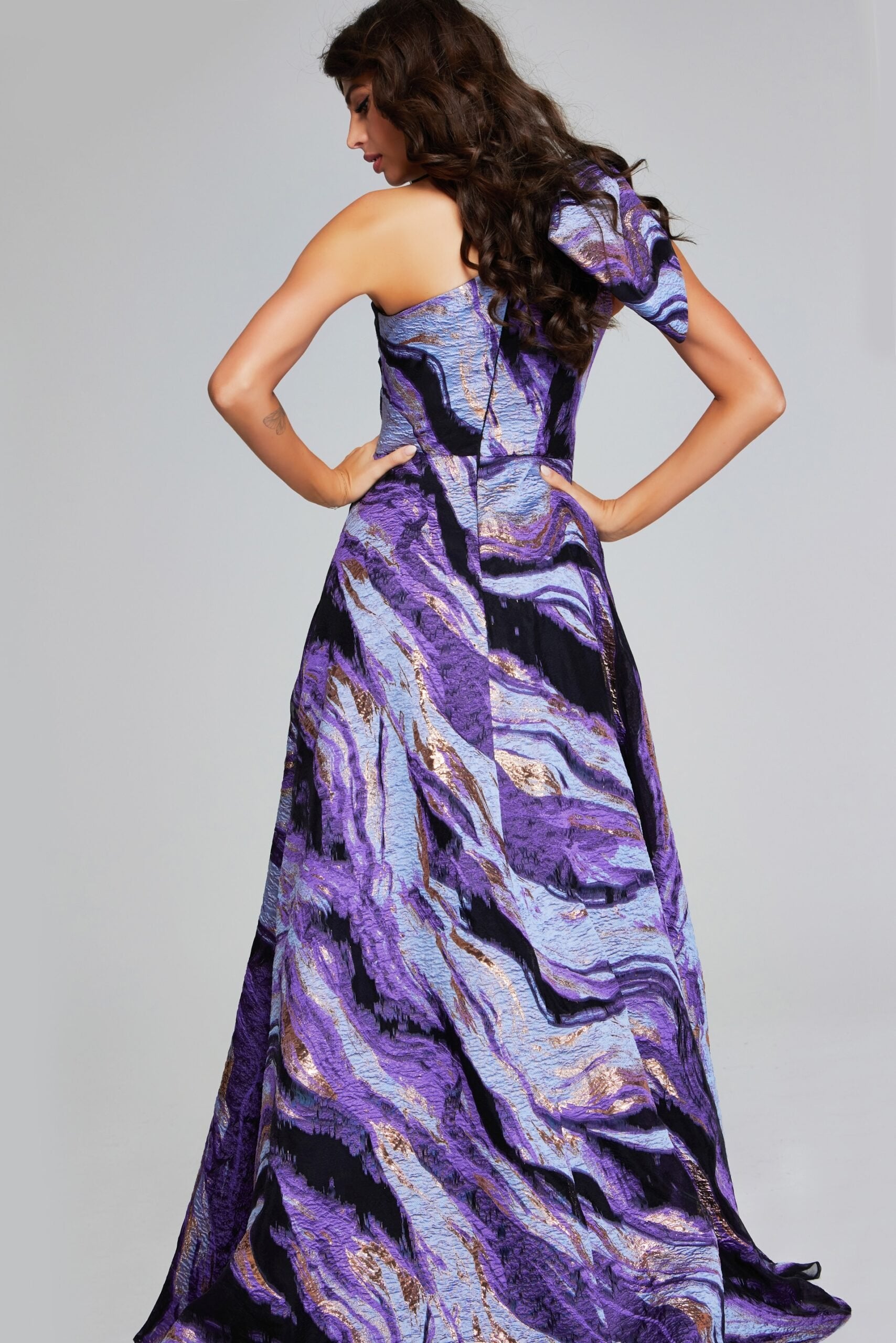 Jovani -40695 Vibrant Purple Multi-Print One-Shoulder Evening Gown with Bow Detail