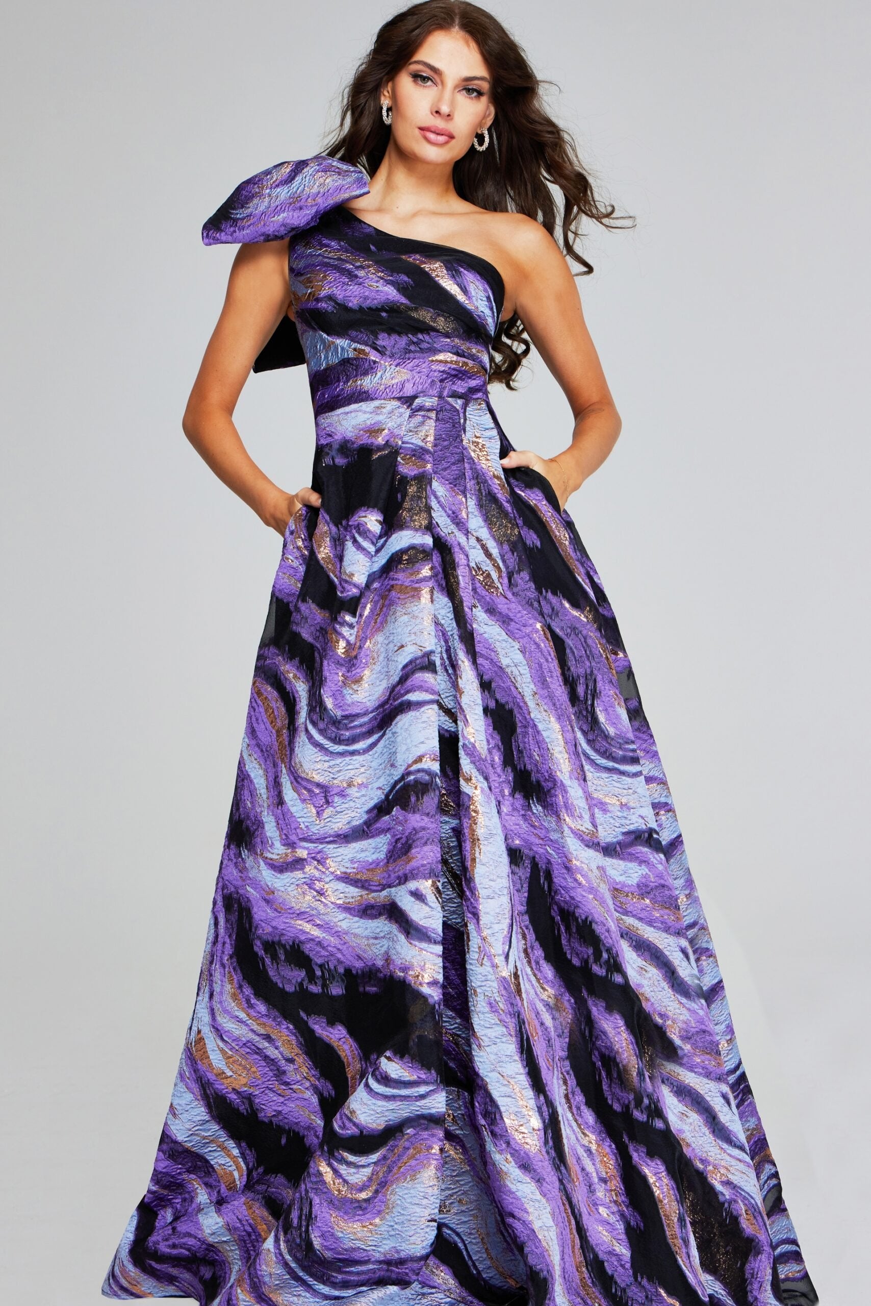 Jovani -40695 Vibrant Purple Multi-Print One-Shoulder Evening Gown with Bow Detail