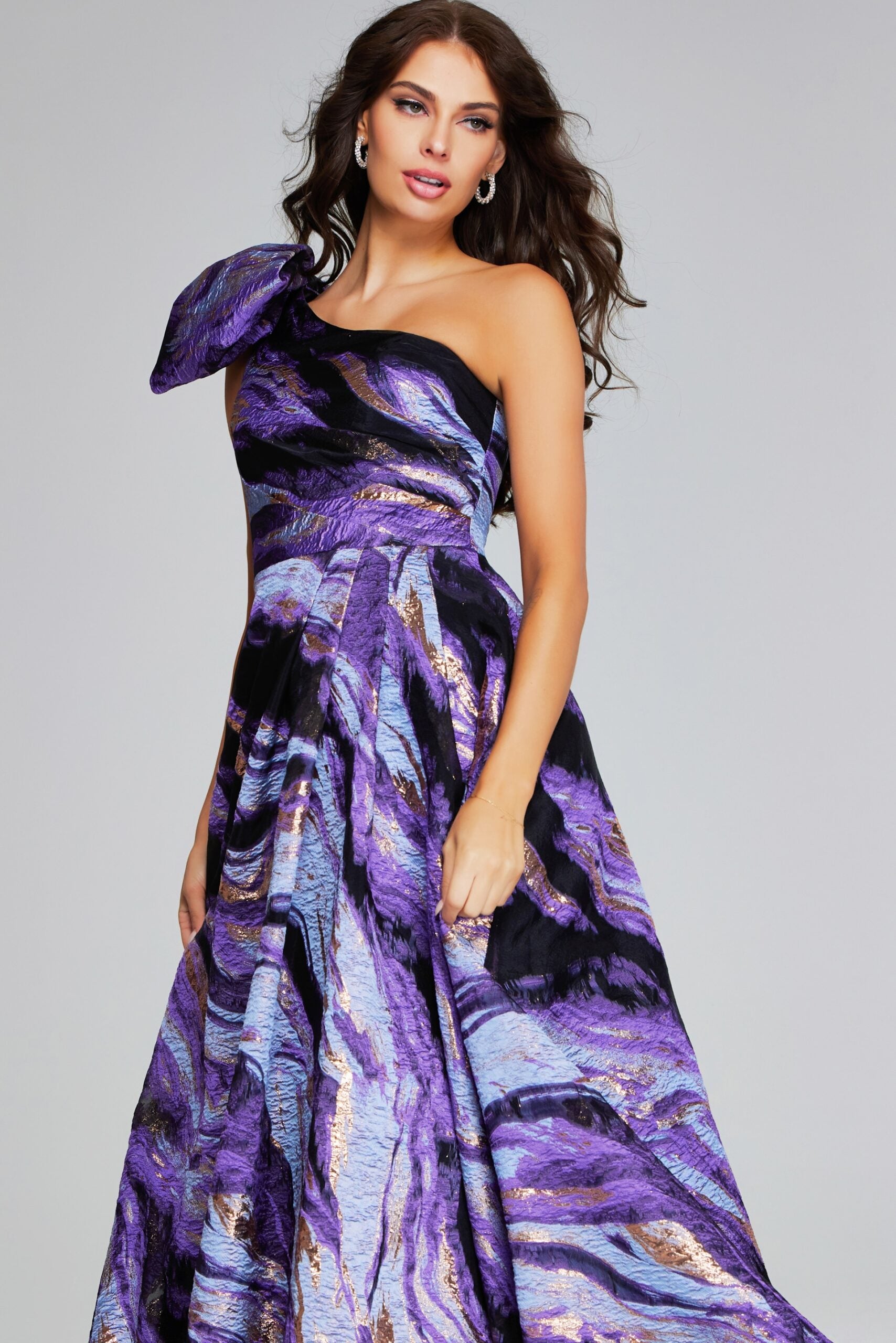 Jovani -40695 Vibrant Purple Multi-Print One-Shoulder Evening Gown with Bow Detail