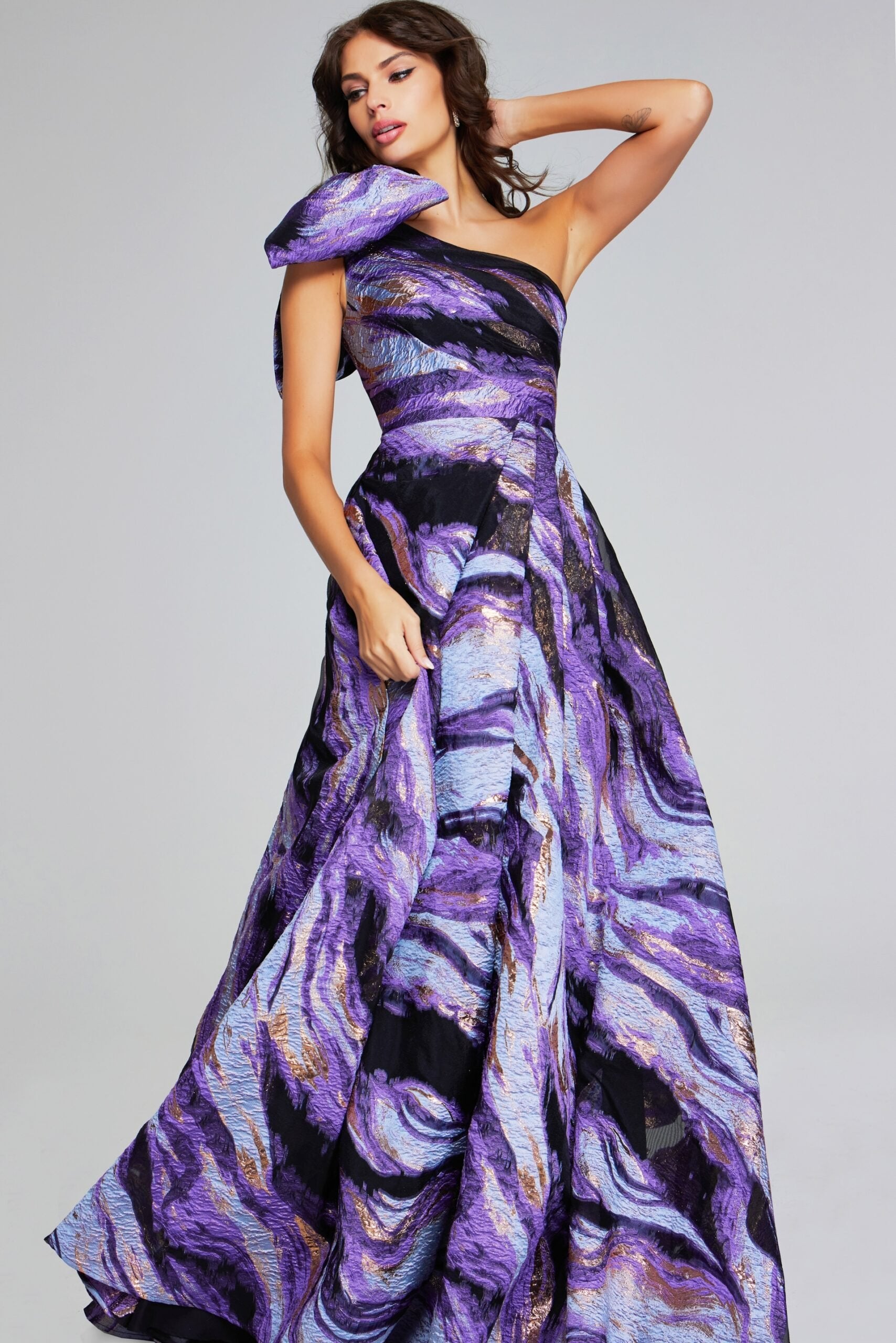 Jovani -40695 Vibrant Purple Multi-Print One-Shoulder Evening Gown with Bow Detail