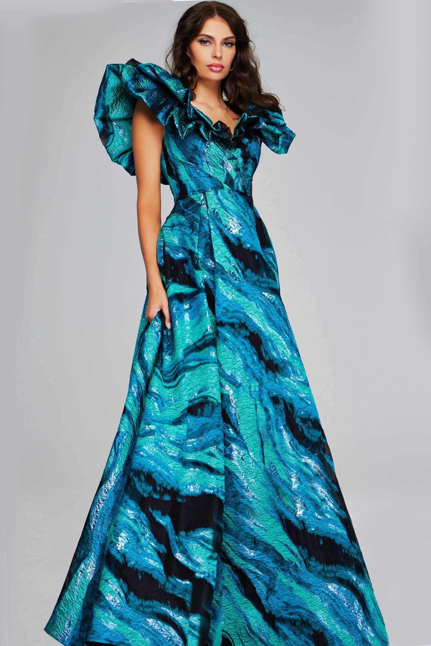 Jovani -40696 Vibrant Teal Multi-Print Evening Gown with Ruffled V-Neckline