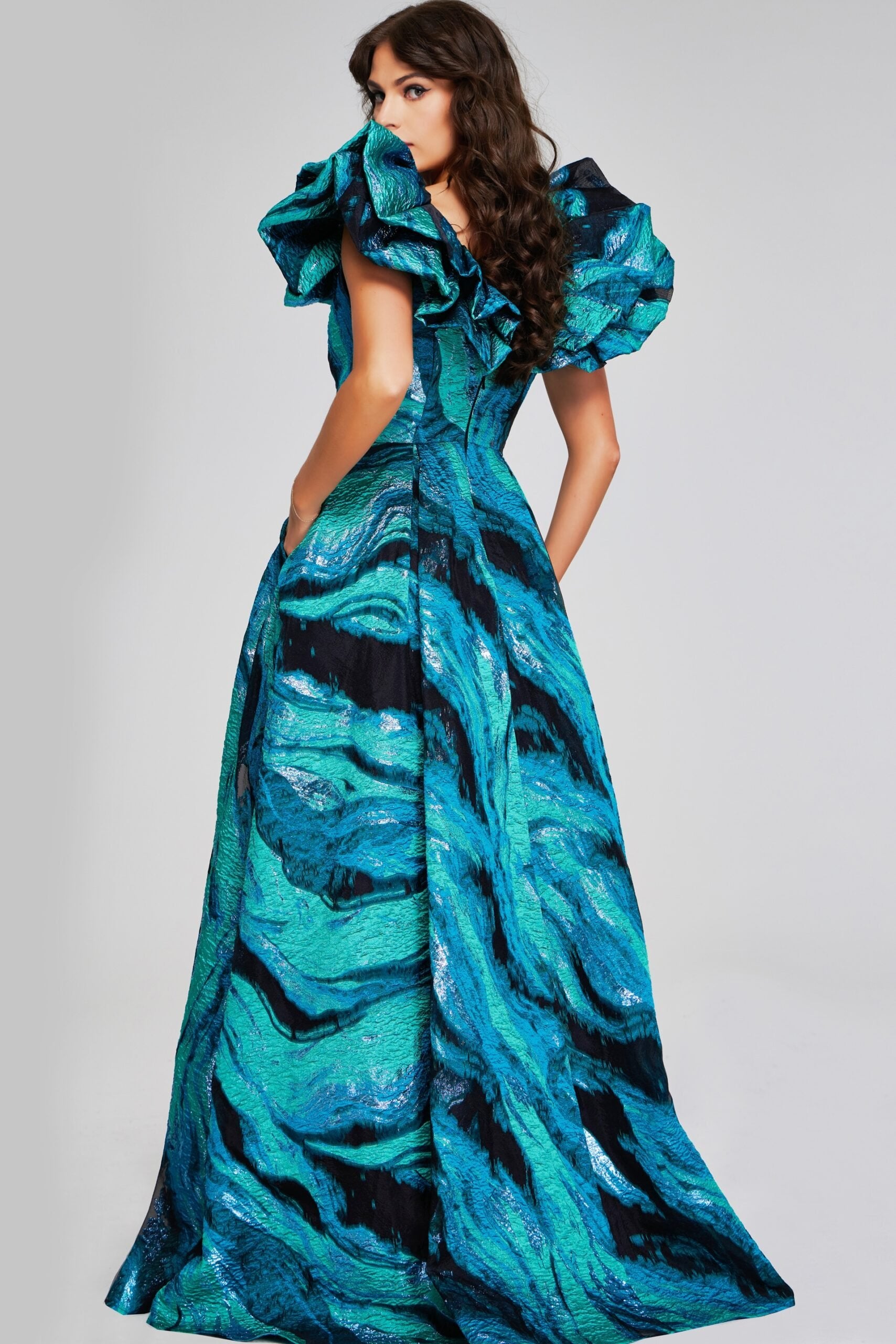 Jovani -40696 Vibrant Teal Multi-Print Evening Gown with Ruffled V-Neckline