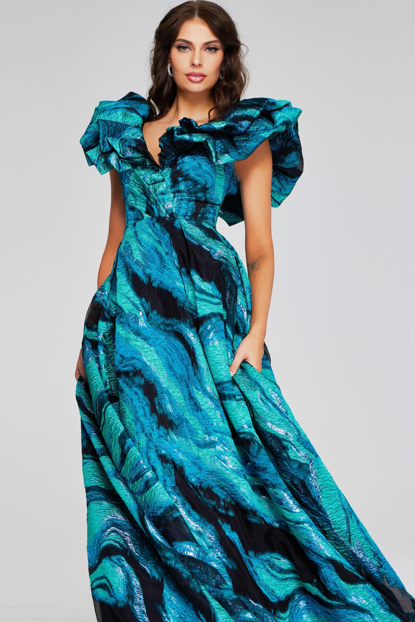 Jovani -40696 Vibrant Teal Multi-Print Evening Gown with Ruffled V-Neckline