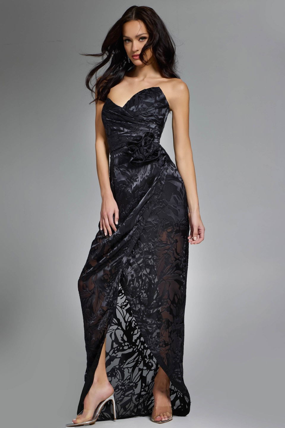 Jovani -40706 Floral Applique Slit Sheath Gown