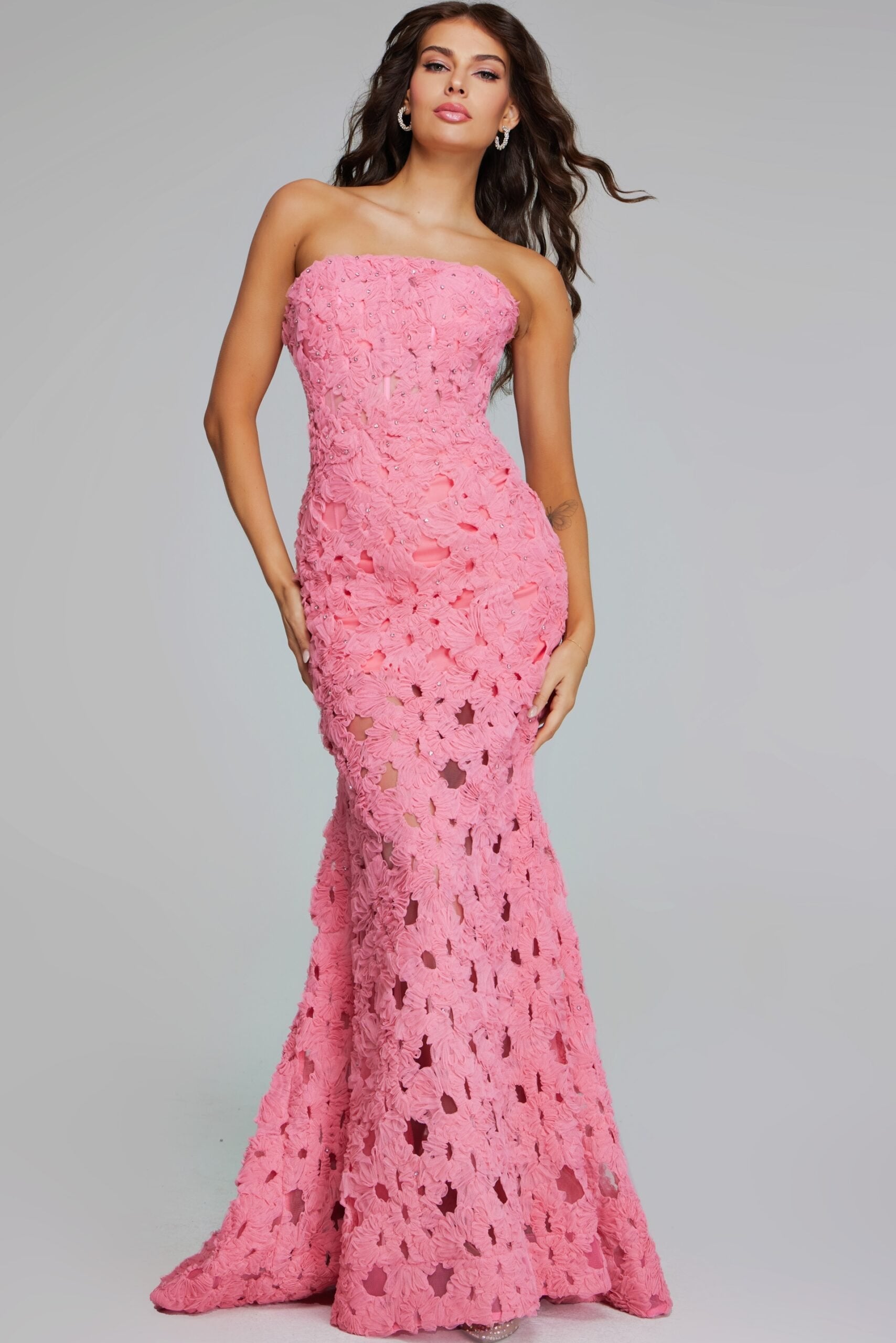 Jovani -40744 Pink Strapless Evening Gown with Floral Lace Detailing