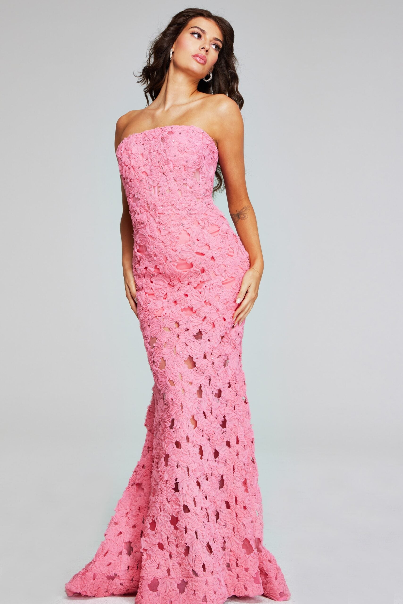 Jovani -40744 Pink Strapless Evening Gown with Floral Lace Detailing