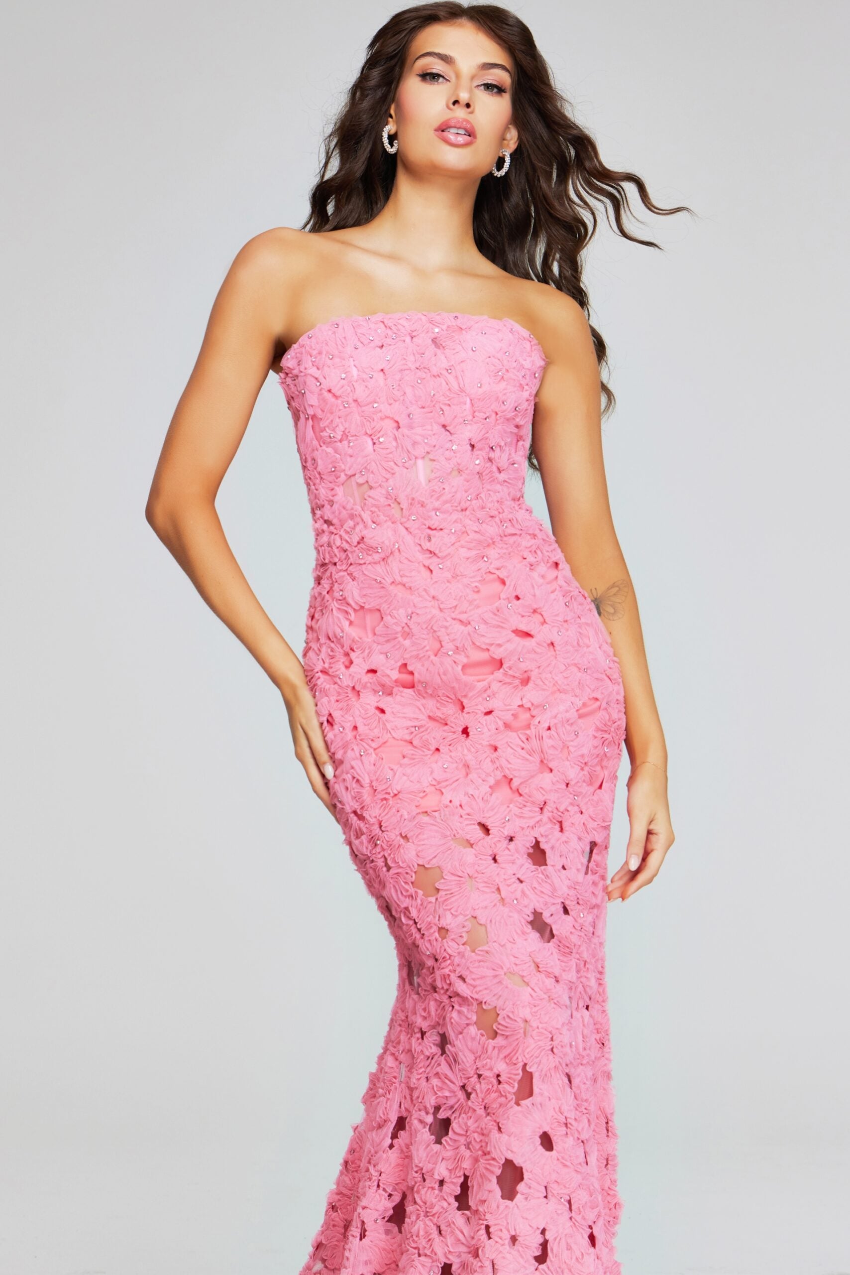 Jovani -40744 Pink Strapless Evening Gown with Floral Lace Detailing