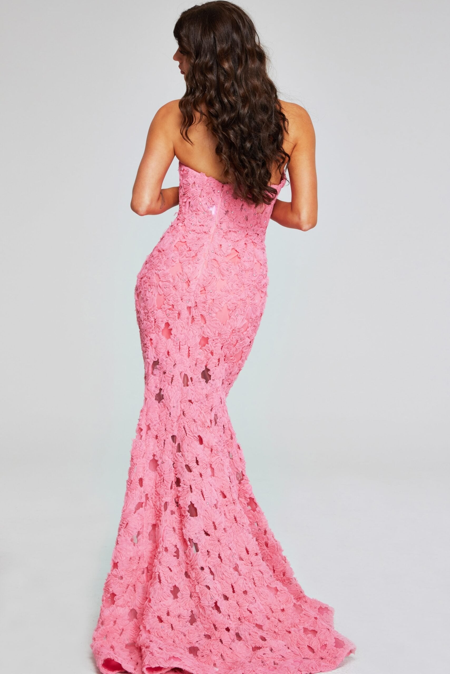 Jovani -40744 Pink Strapless Evening Gown with Floral Lace Detailing