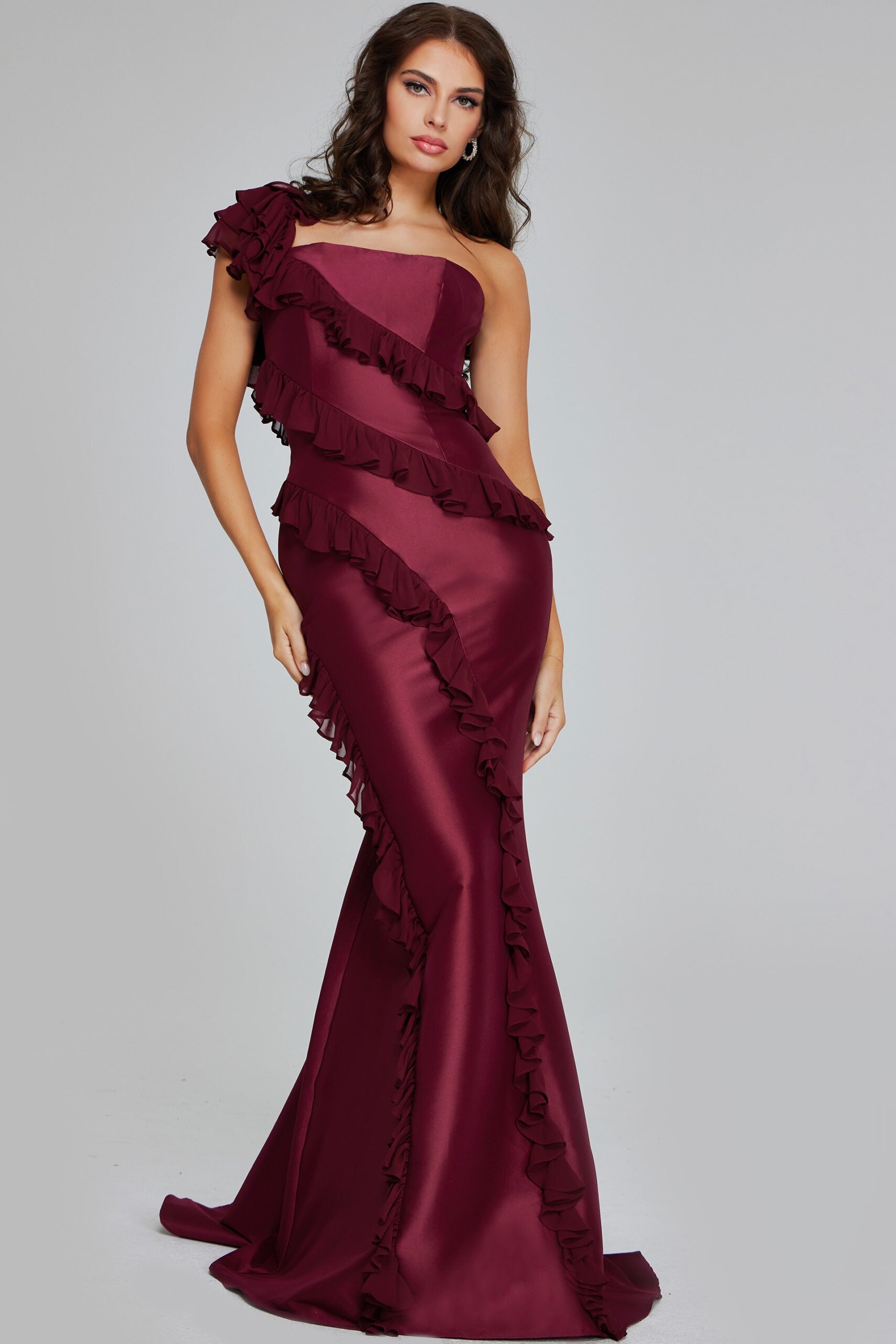 Jovani -40751 Burgundy One-Shoulder Ruffled Evening Gown