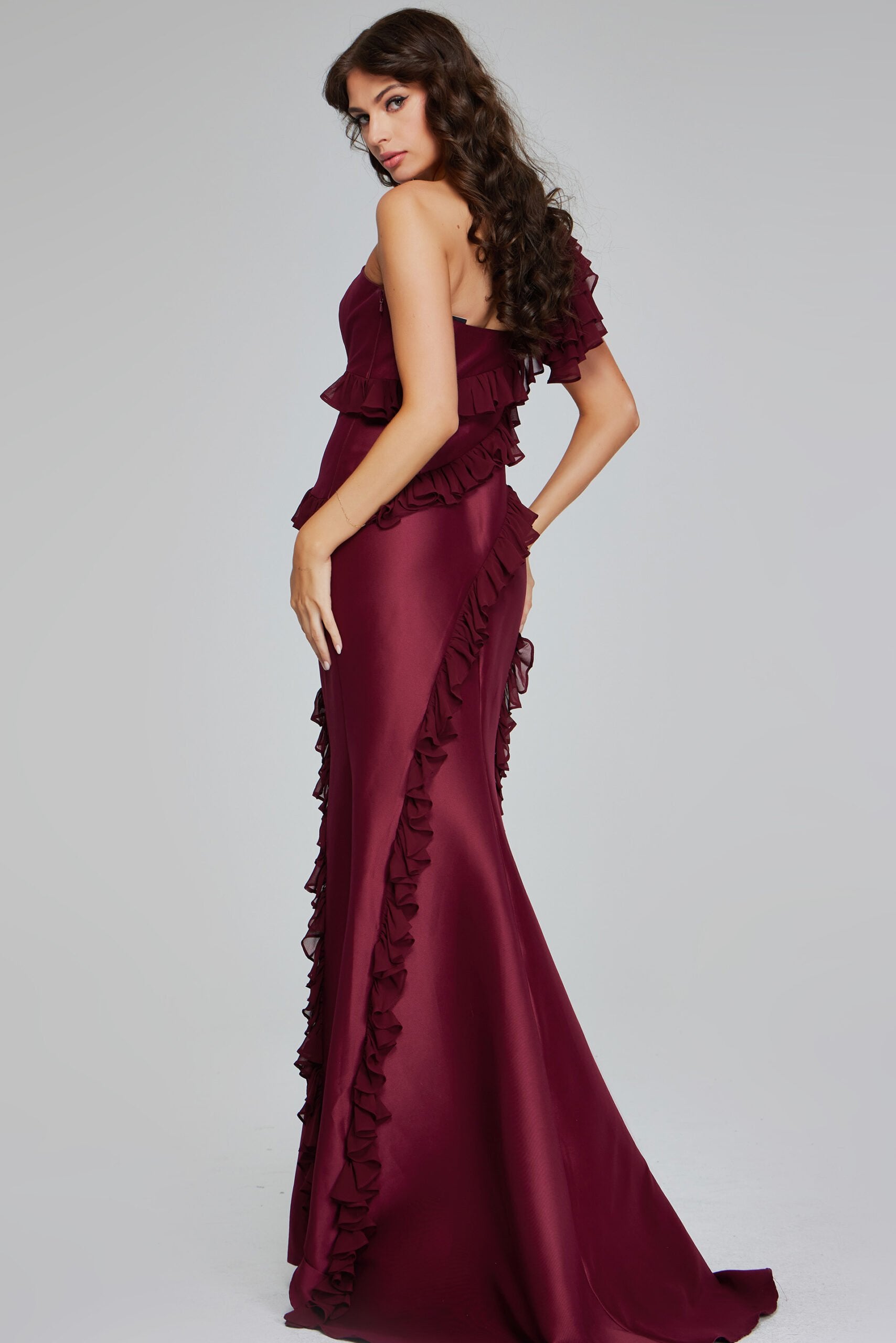 Jovani -40751 Burgundy One-Shoulder Ruffled Evening Gown