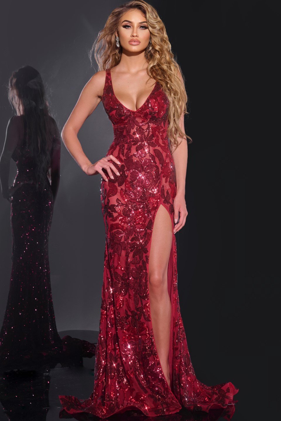 Jovani -40755 Sequin Floral Gown with Deep V-Neck and High Slit