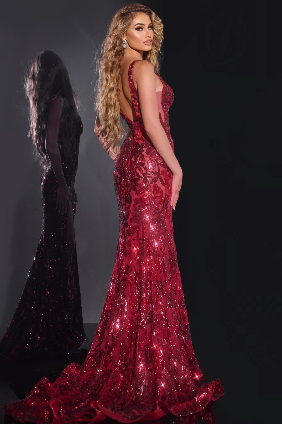 Jovani -40755 Sequin Floral Gown with Deep V-Neck and High Slit