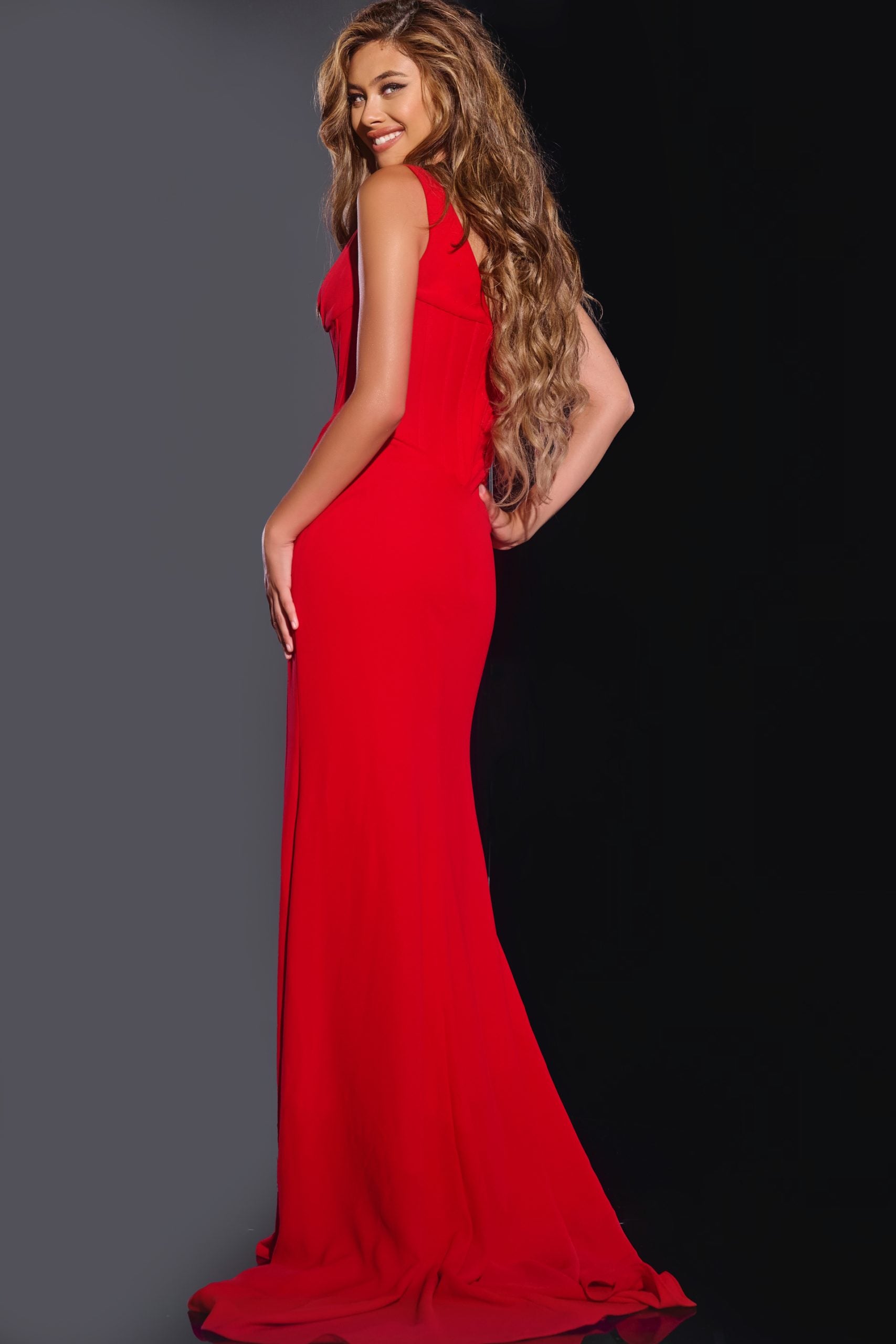 Jovani -40783 Elegant Red Sleeveless Prom Gown with Plunging Neckline