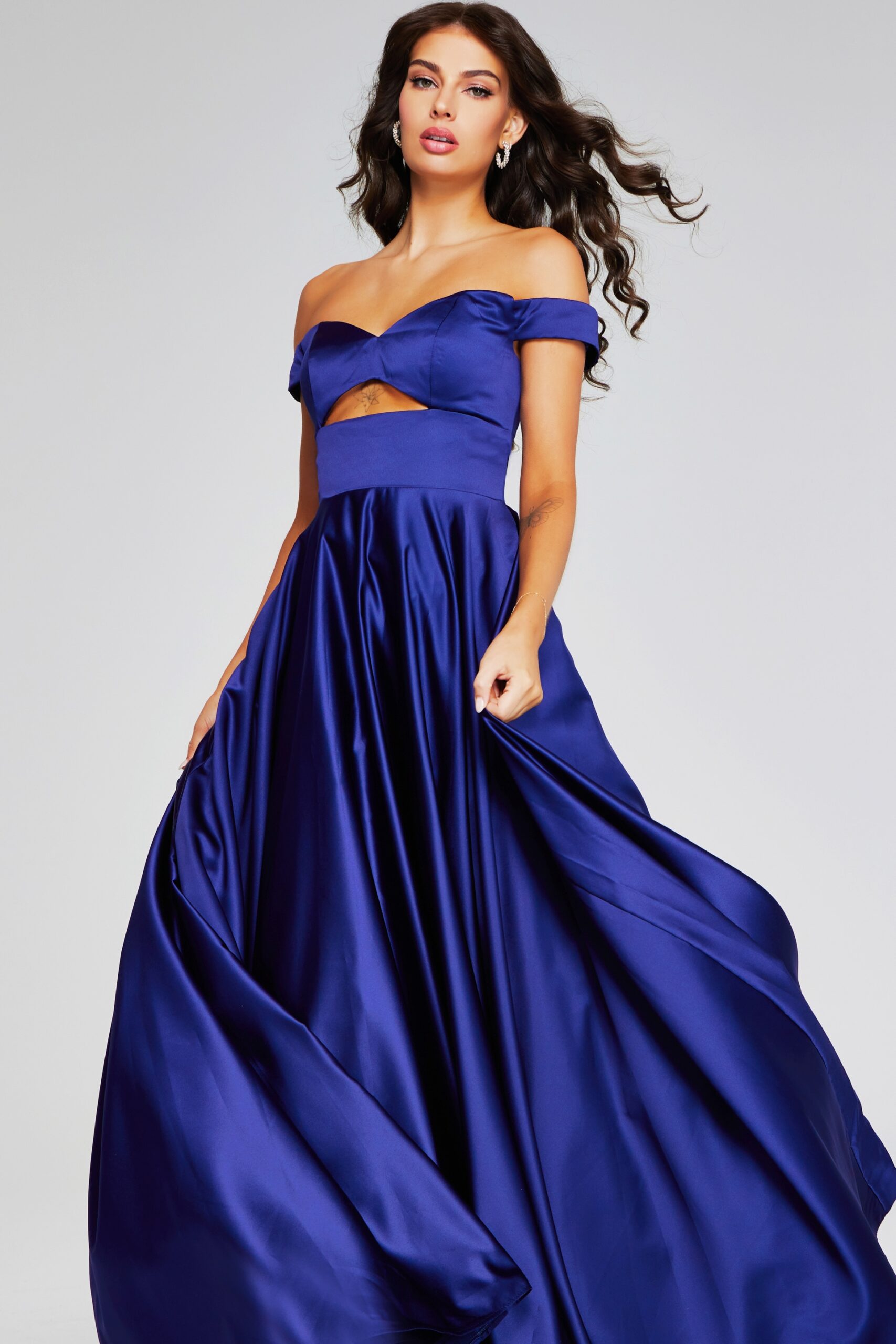 Jovani -40787 Stunning Dark Purple Off-Shoulder Evening Gown with Cutout Detail