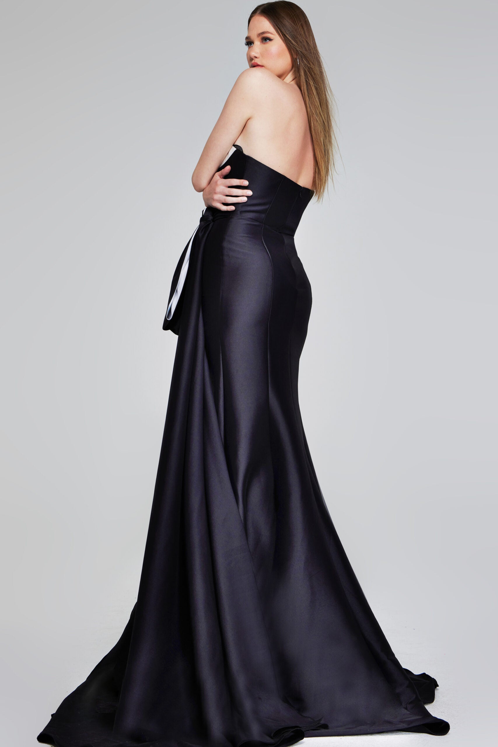 Jovani -40792 Black and Ivory Strapless Evening Gown with Bow Accent and High Slit