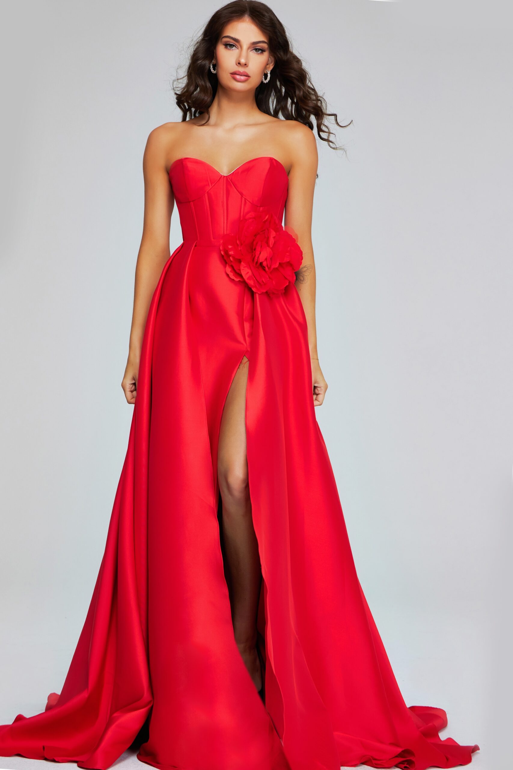 Jovani -40826 Stunning Red Strapless Evening Gown with High Slit and Floral Accent