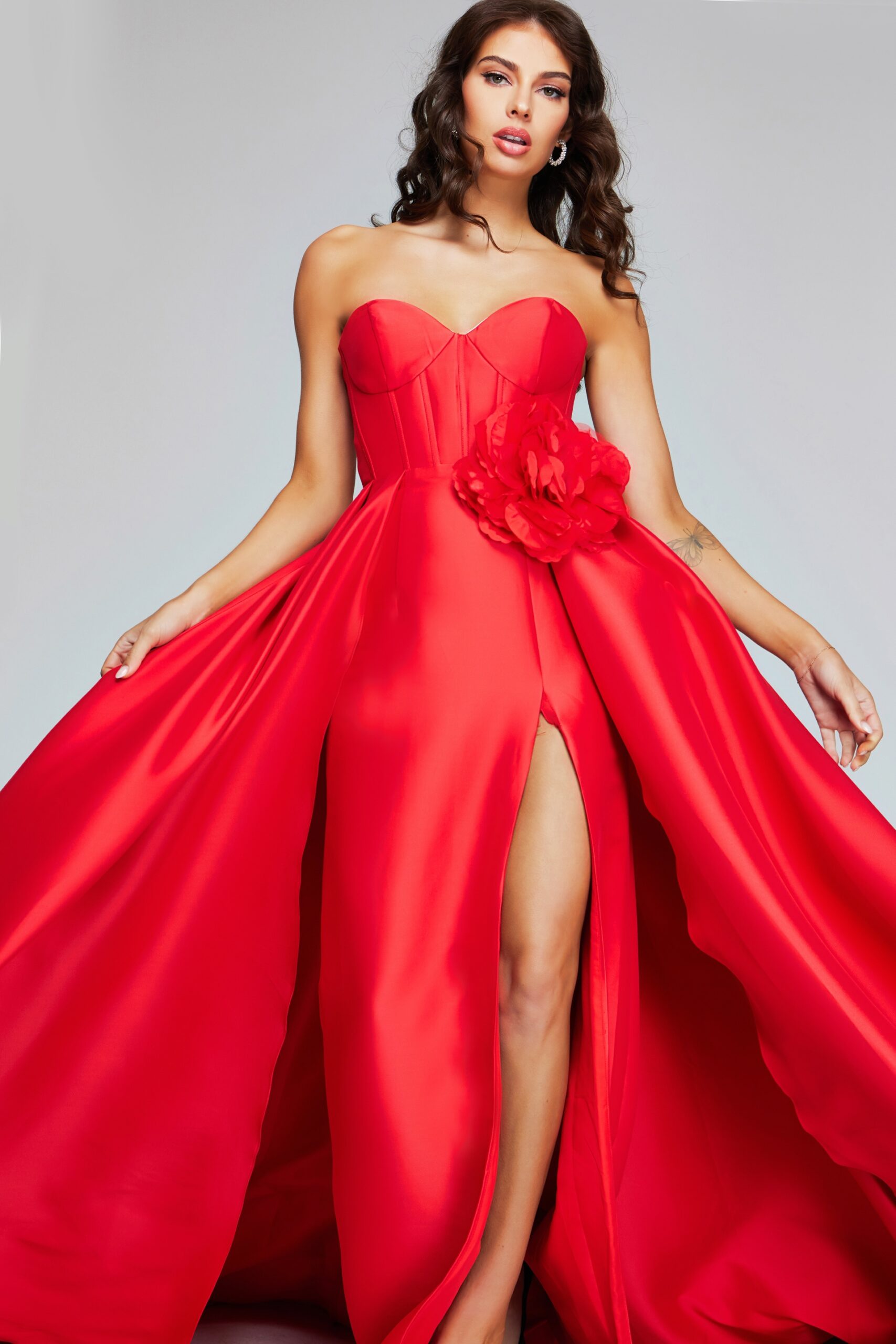 Jovani -40826 Stunning Red Strapless Evening Gown with High Slit and Floral Accent