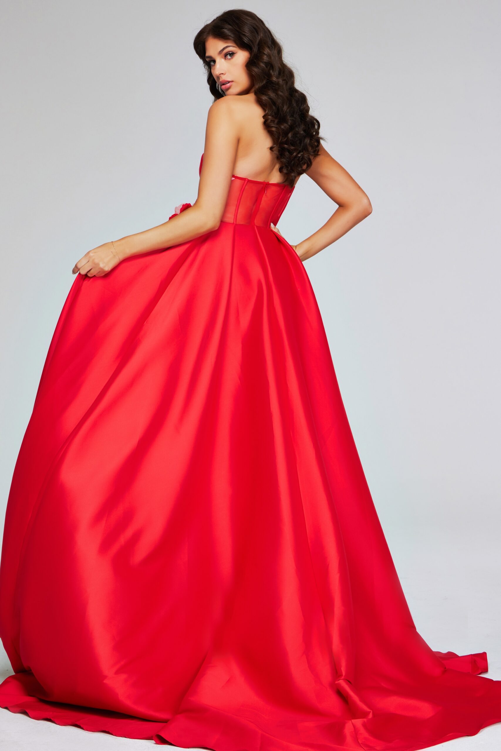 Jovani -40826 Stunning Red Strapless Evening Gown with High Slit and Floral Accent