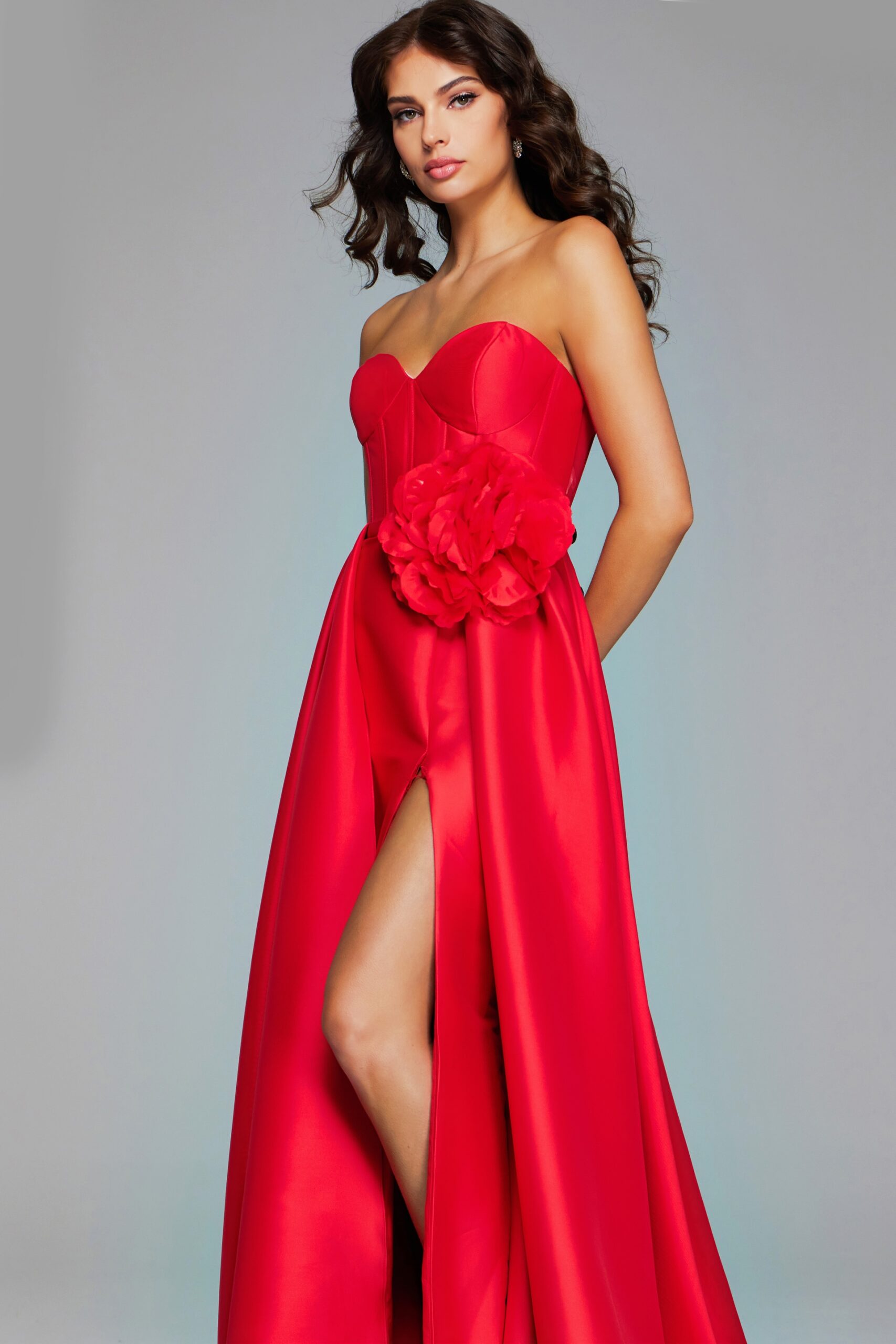 Jovani -40826 Stunning Red Strapless Evening Gown with High Slit and Floral Accent