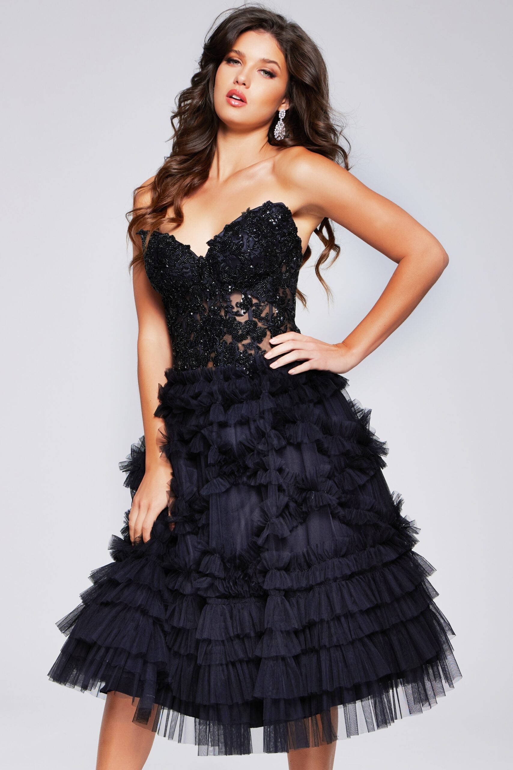 Jovani -40854 Beaded Black Fit and Flare Cocktail Dress