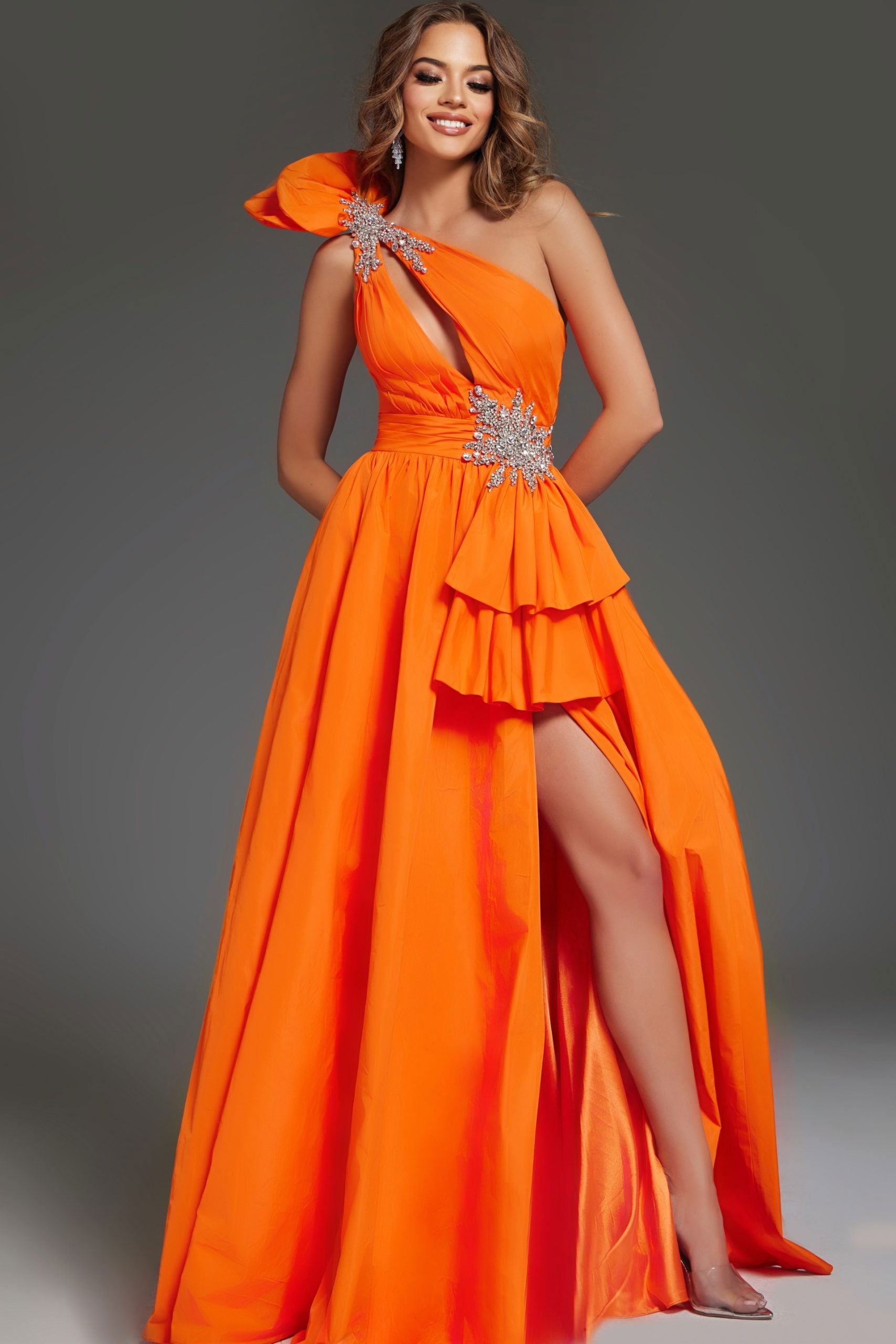 Jovani -40929 Ruffled High Slit A-Line Dress