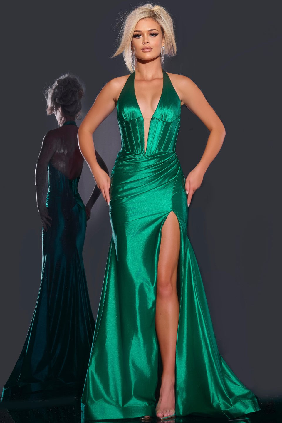 Jovani -41012 Plunge Halter Prom Gown with High Slit