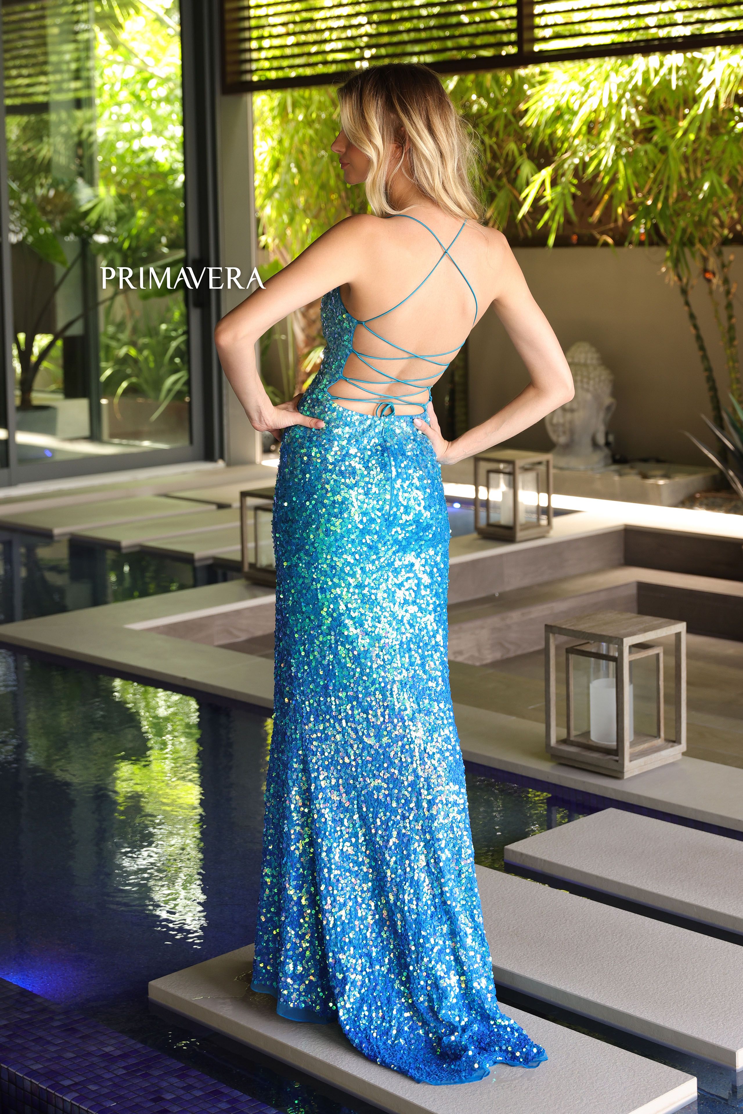 Primavera Couture -4102 V-Neck Sequin Embellished Prom Dress