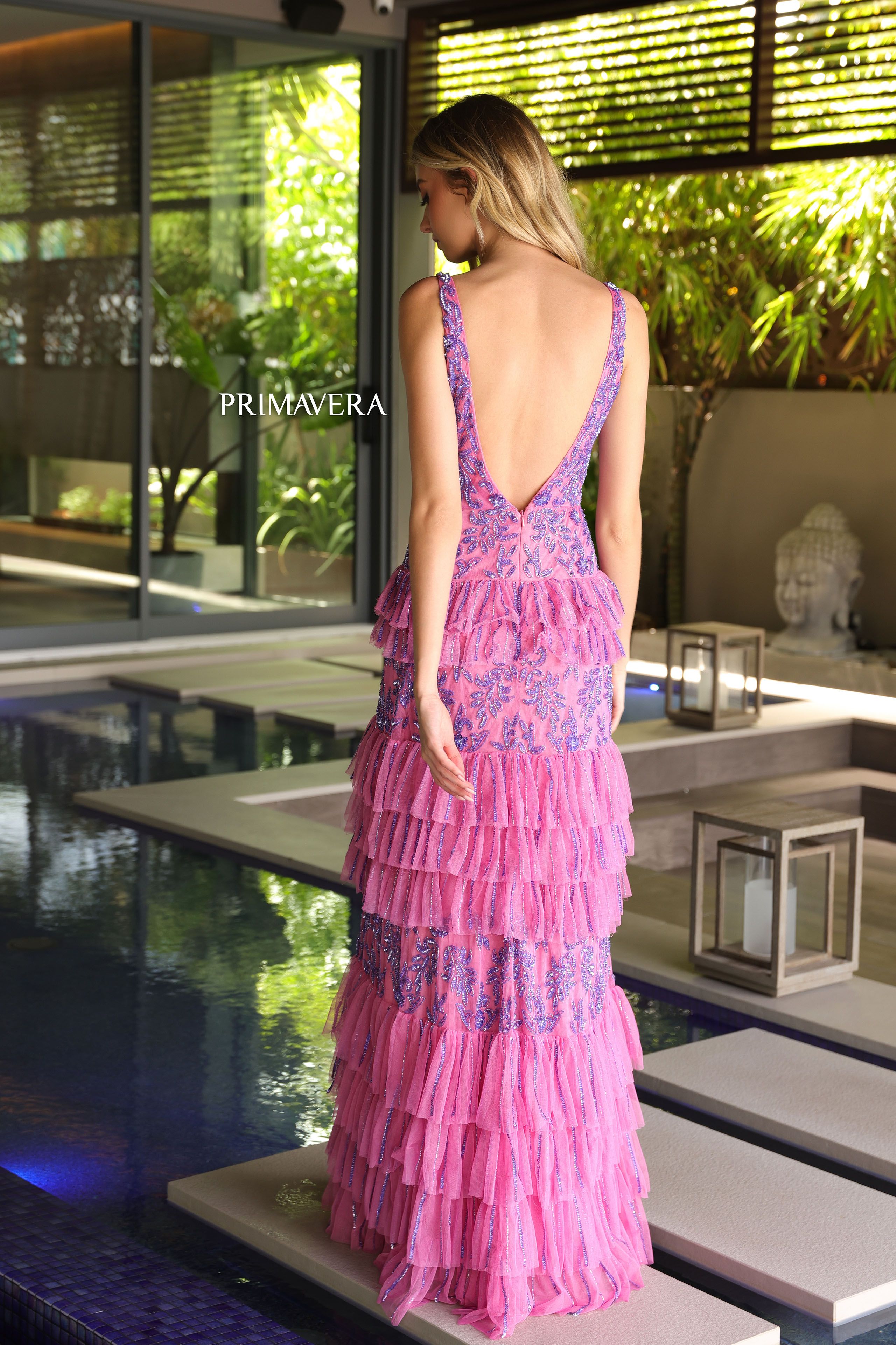 Primavera Couture -4106 V-Neck Fitted Tiered Prom Dress
