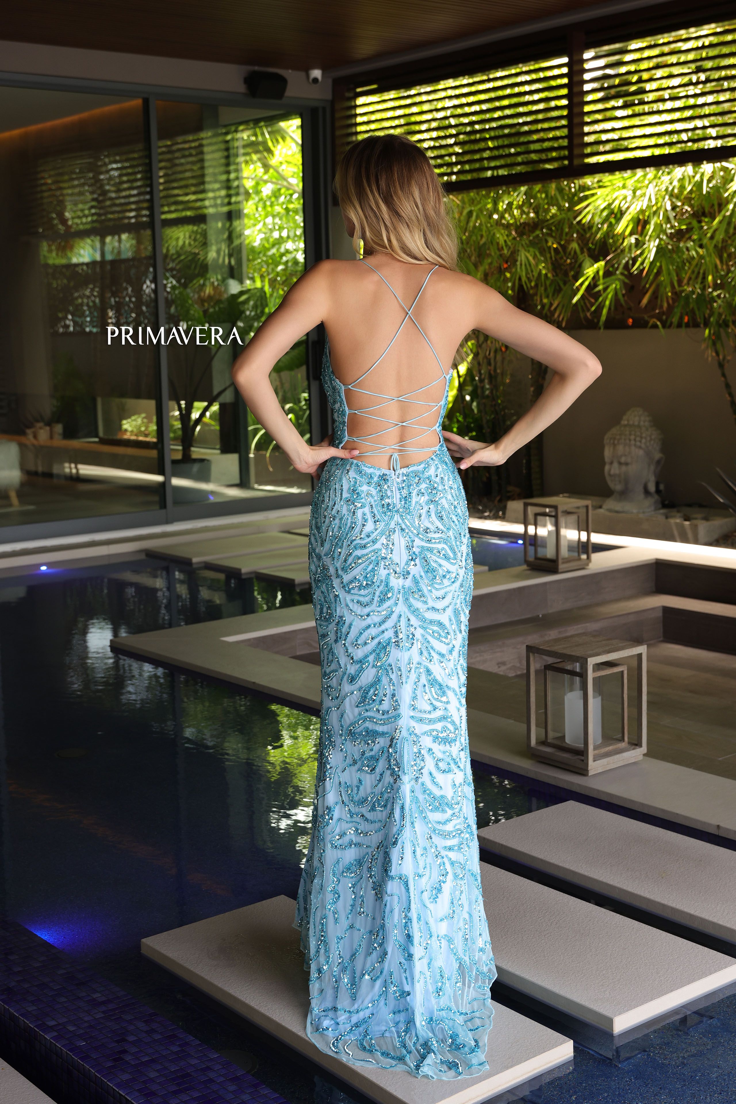 Primavera Couture -4107 V-Neck Beaded Prom Sheath Dress