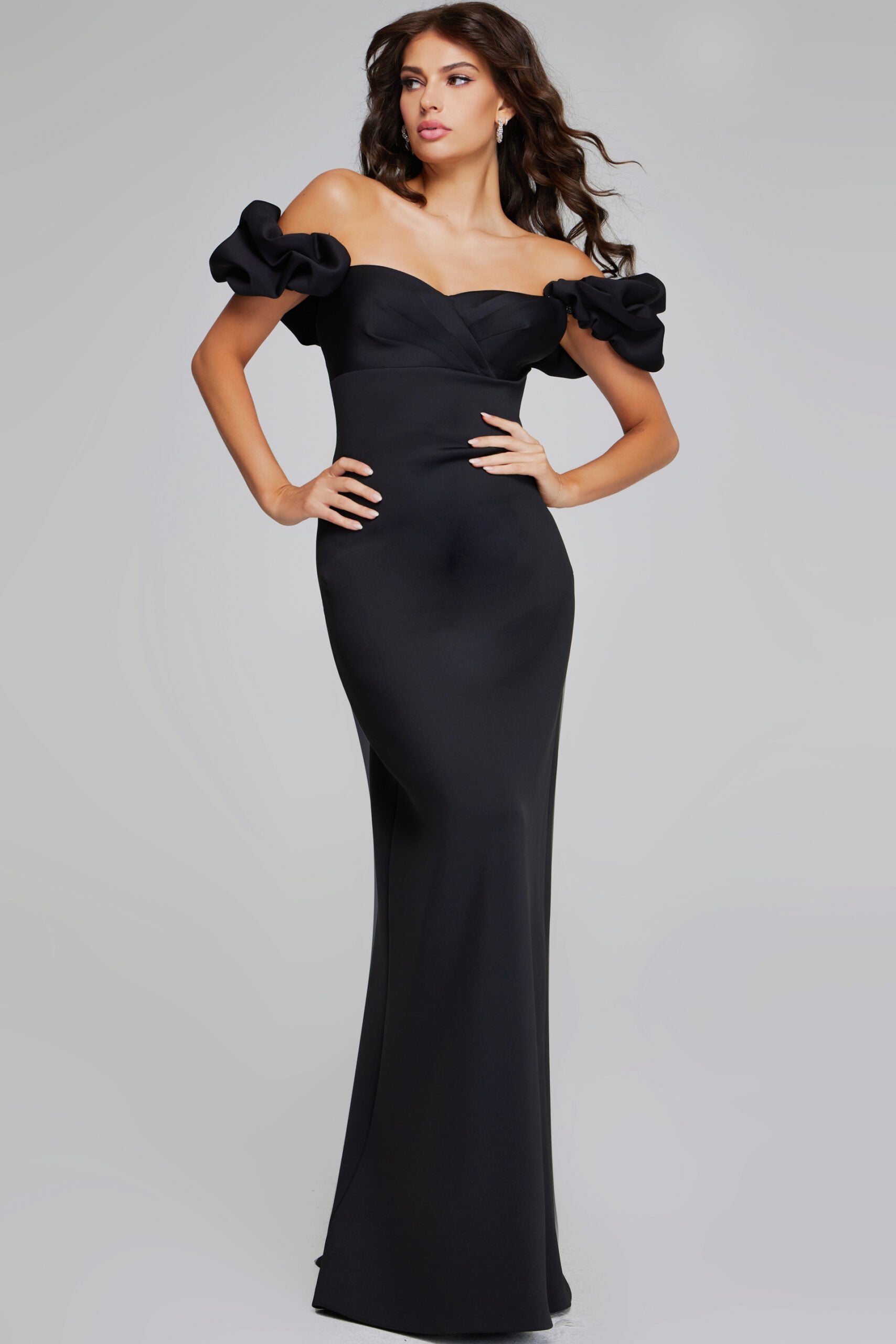 Jovani -41084 Elegant Black Off-Shoulder Evening Gown with Ruffled sleeves