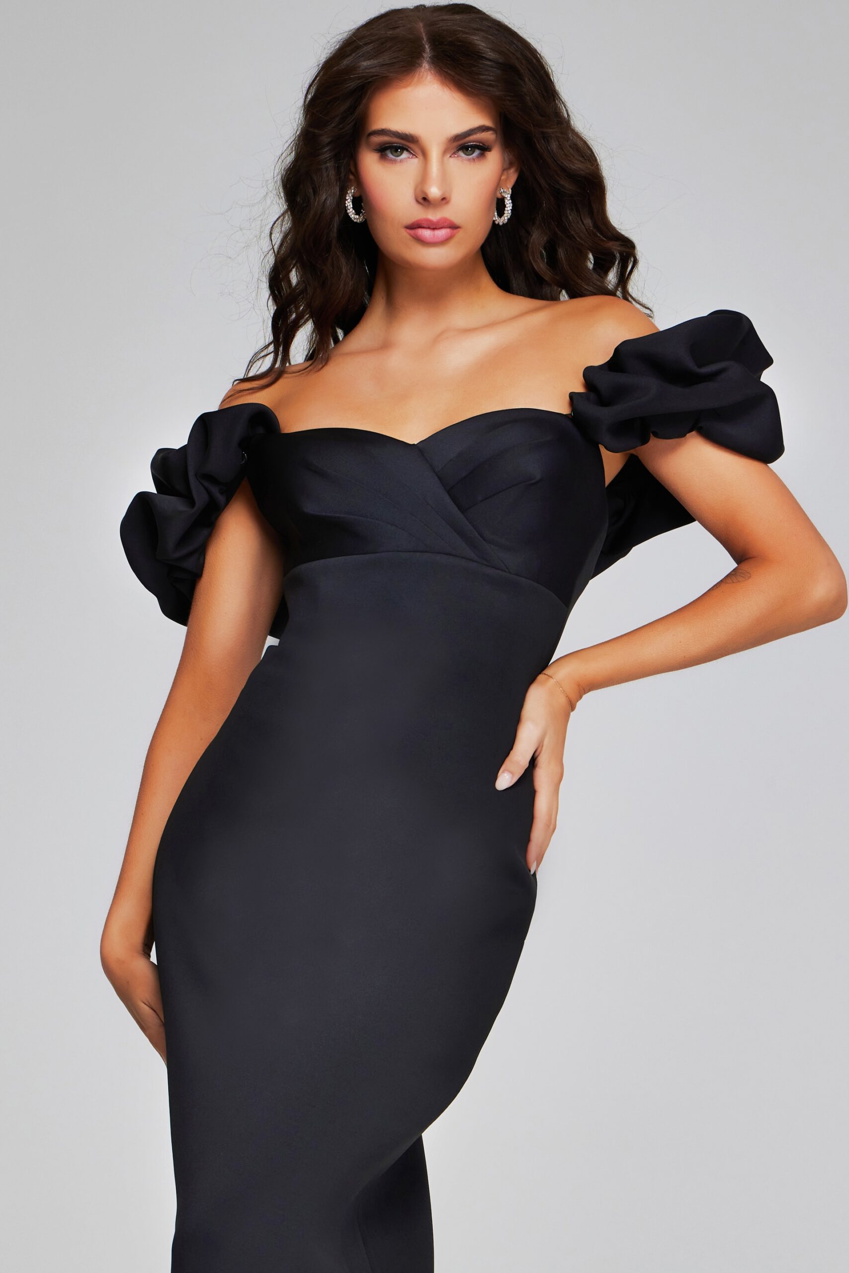 Jovani -41084 Elegant Black Off-Shoulder Evening Gown with Ruffled sleeves