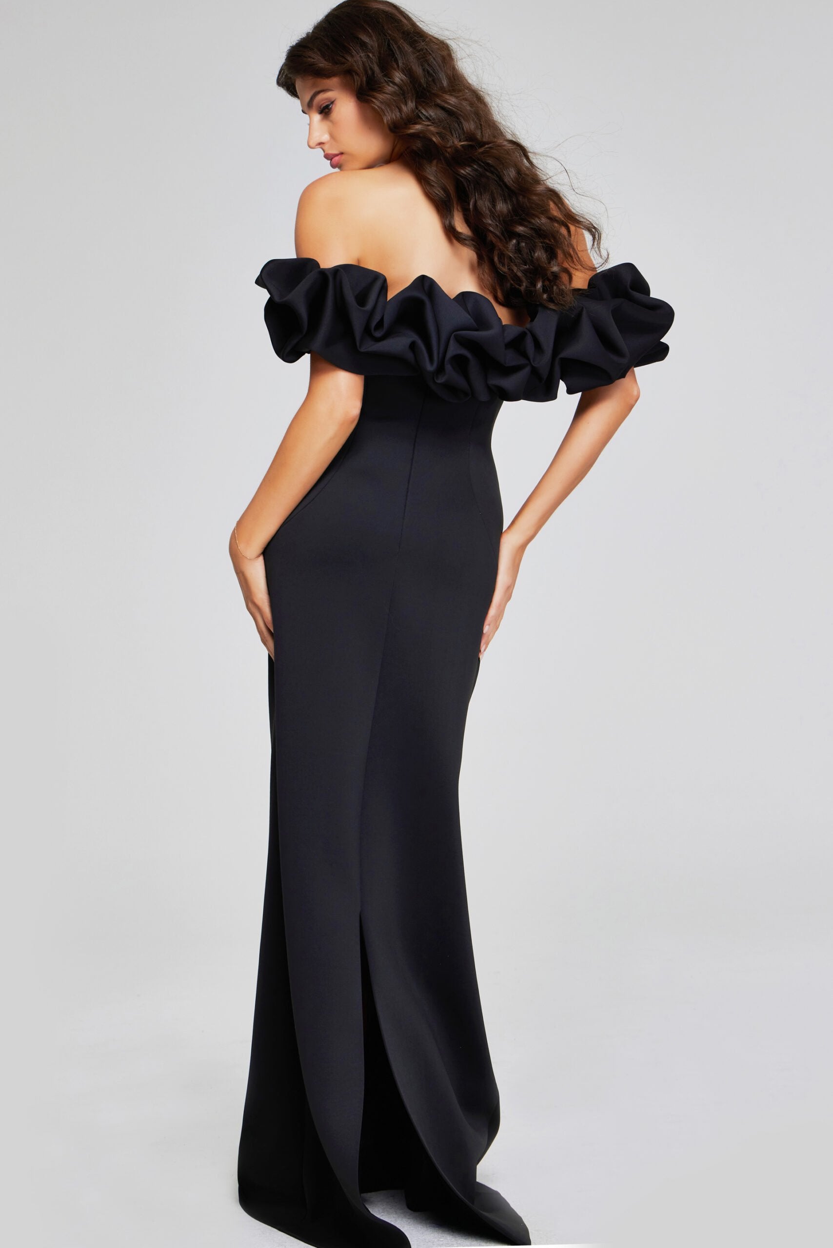 Jovani -41084 Elegant Black Off-Shoulder Evening Gown with Ruffled sleeves