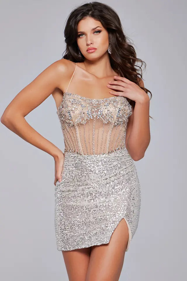 Jovani -41090 Sheer Bodice Embellished Short Dress