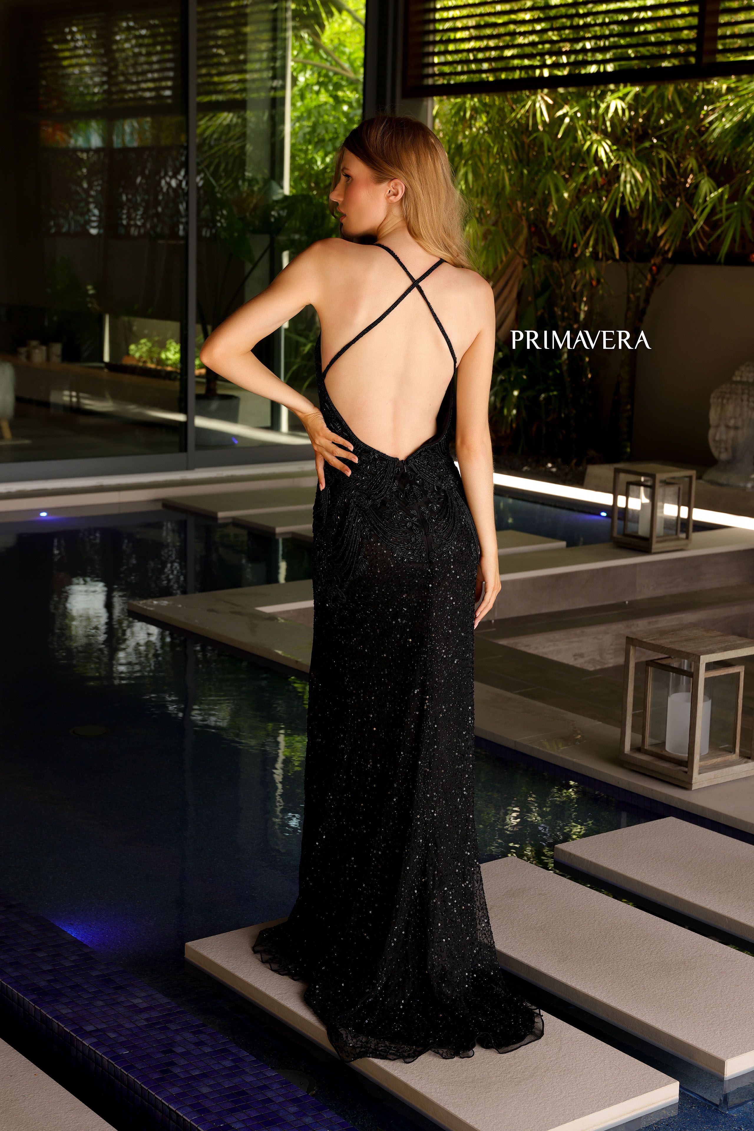 Primavera Couture -4109 V-Neck Beaded Prom Sheath Dress